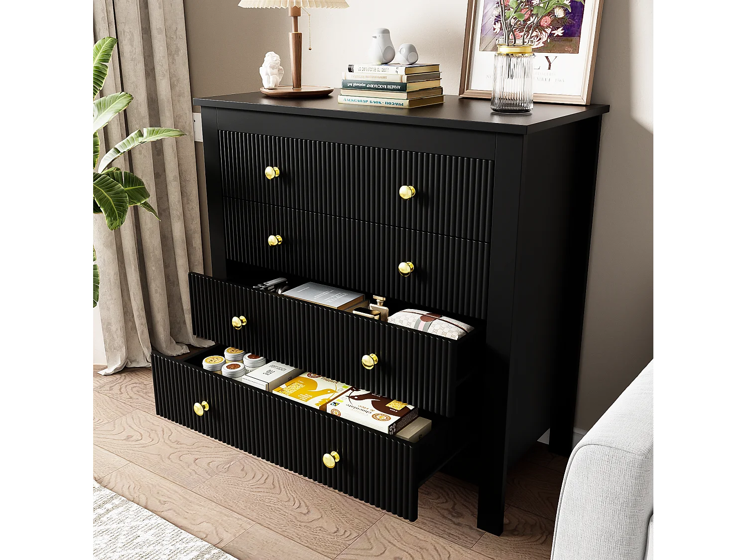 Sideboard, Kommode mit 5 Schubladen – Goldgriffe – 79 x 38,5 x 80,5 cm – Spanplatte – Schwarz