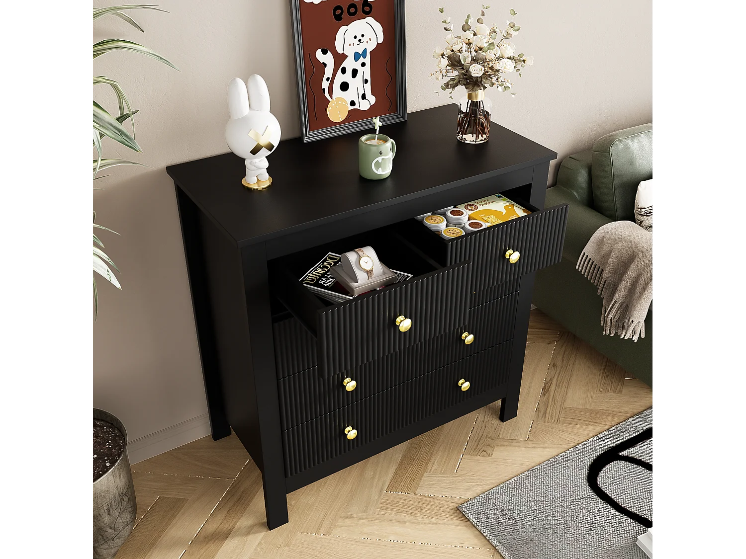 Sideboard, Kommode mit 5 Schubladen – Goldgriffe – 79 x 38,5 x 80,5 cm – Spanplatte – Schwarz