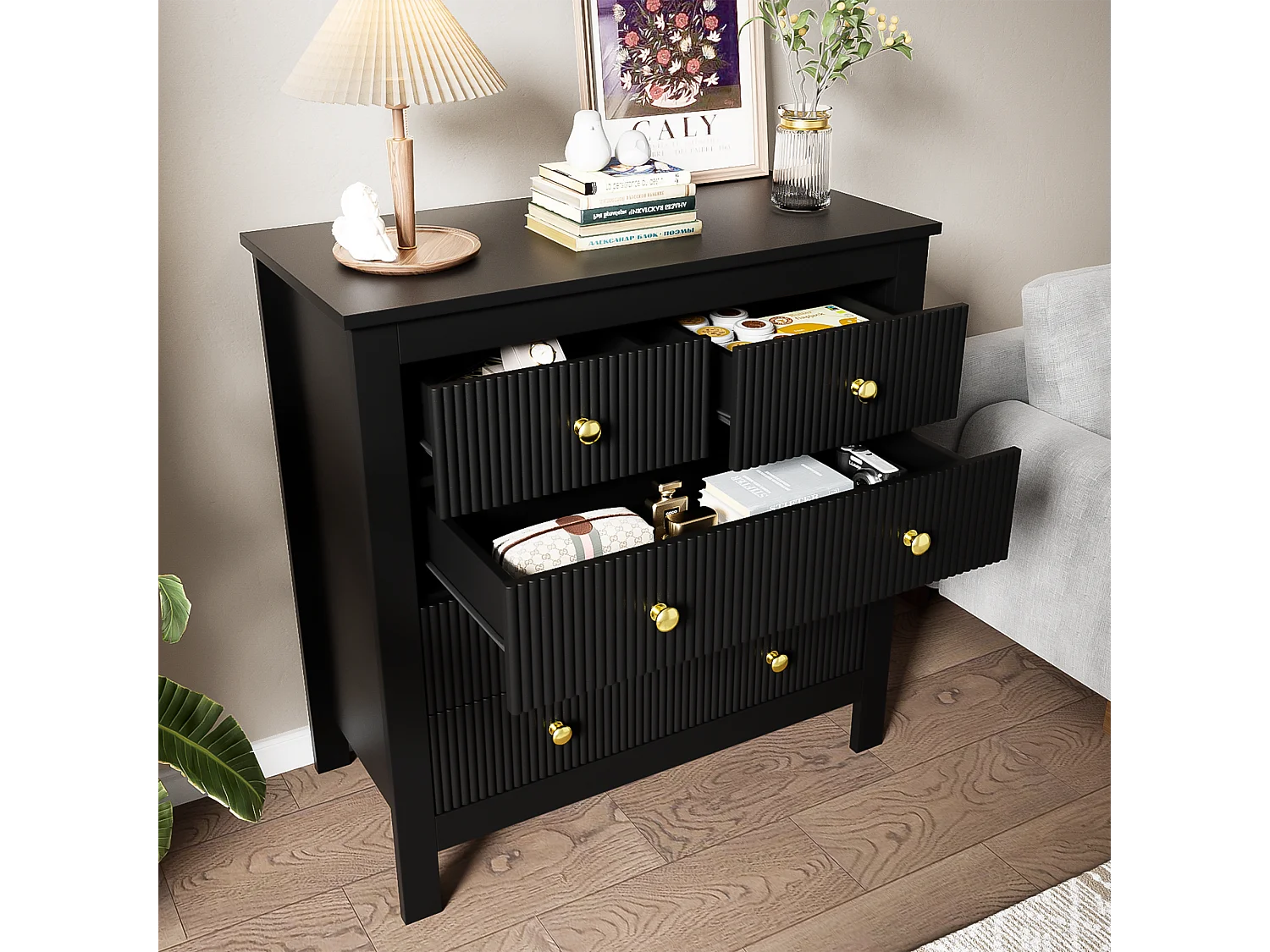 Sideboard, Kommode mit 5 Schubladen – Goldgriffe – 79 x 38,5 x 80,5 cm – Spanplatte – Schwarz