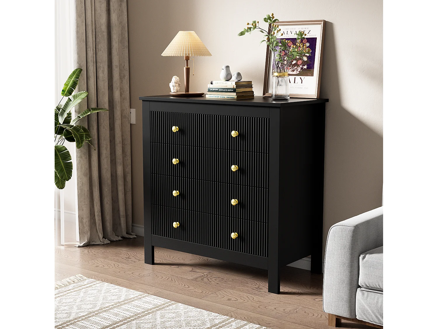 Sideboard, Kommode mit 5 Schubladen – Goldgriffe – 79 x 38,5 x 80,5 cm – Spanplatte – Schwarz