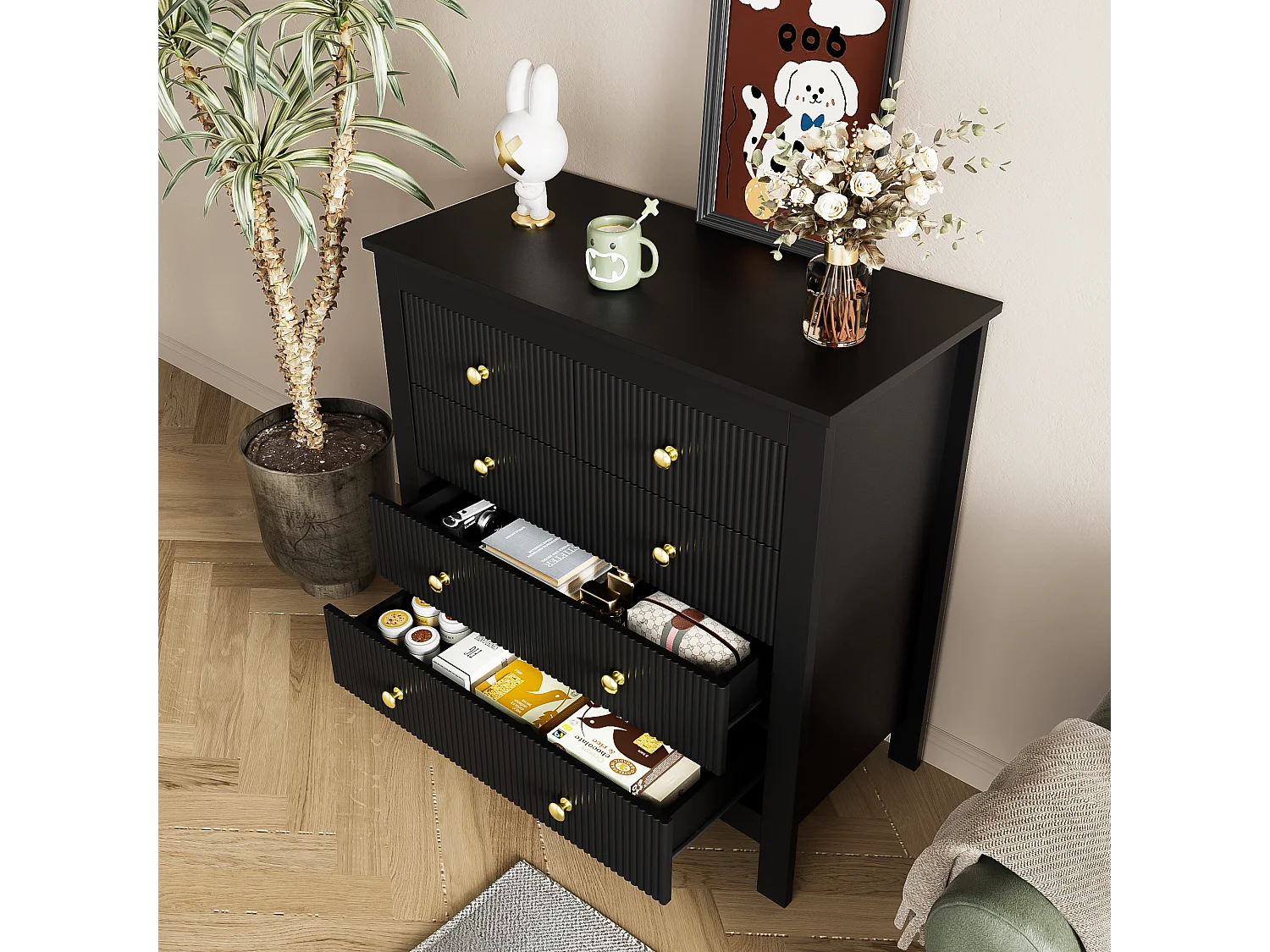Sideboard, Kommode mit 5 Schubladen – Goldgriffe – 79 x 38,5 x 80,5 cm – Spanplatte – Schwarz
