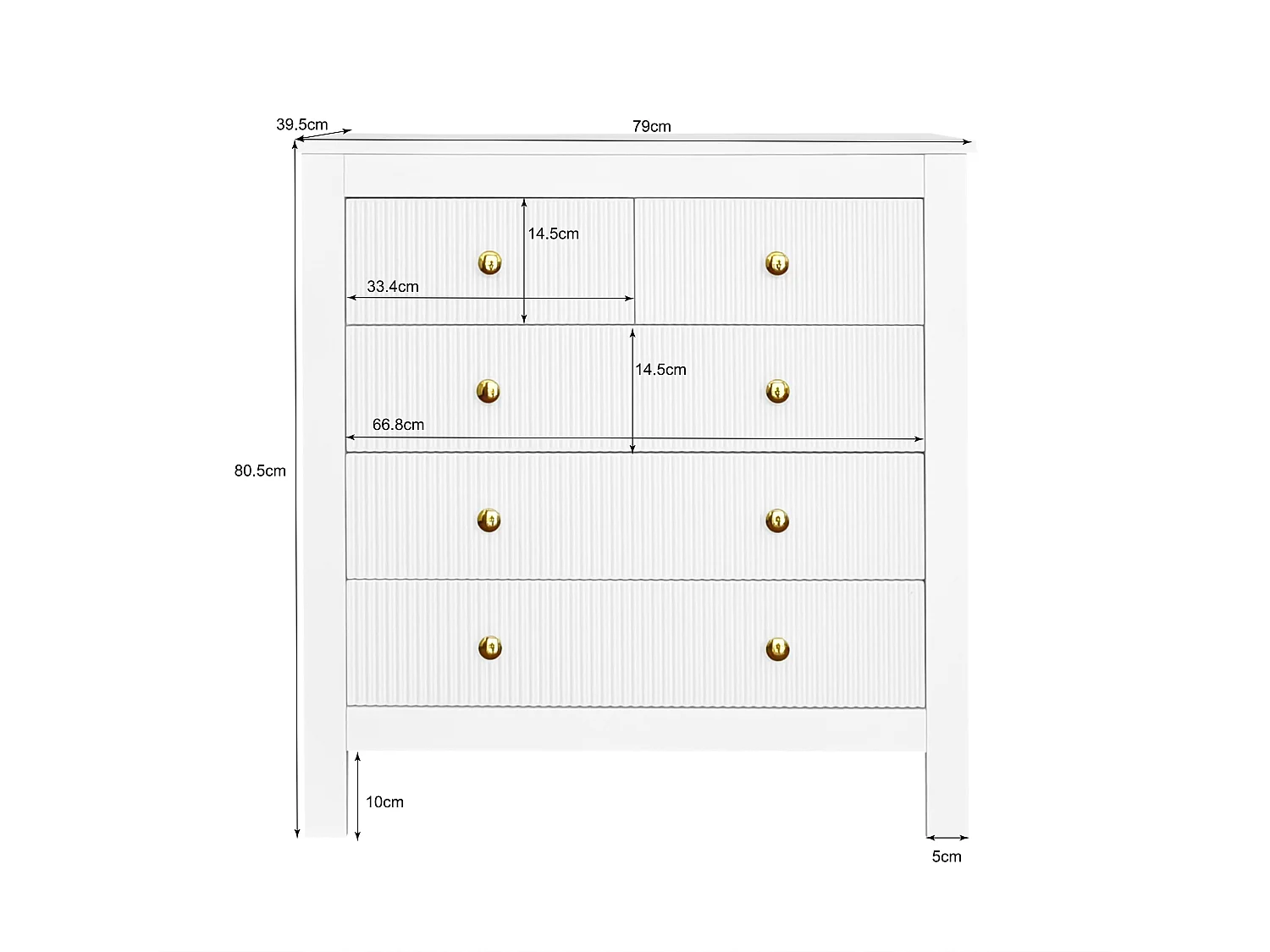 Aparador, cómoda con 5 cajones - Tiradores dorados - 79 x 38,5 x 80,5 cm - Tablero de partículas - Blanco