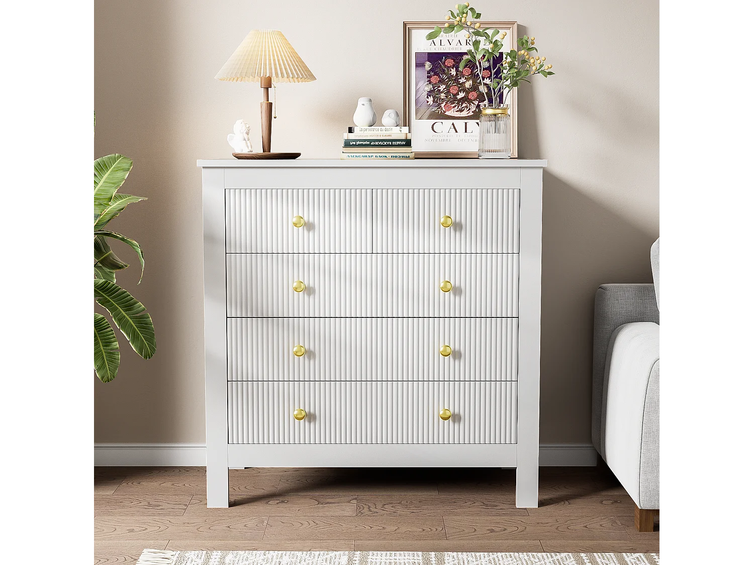 Aparador, cómoda con 5 cajones - Tiradores dorados - 79 x 38,5 x 80,5 cm - Tablero de partículas - Blanco