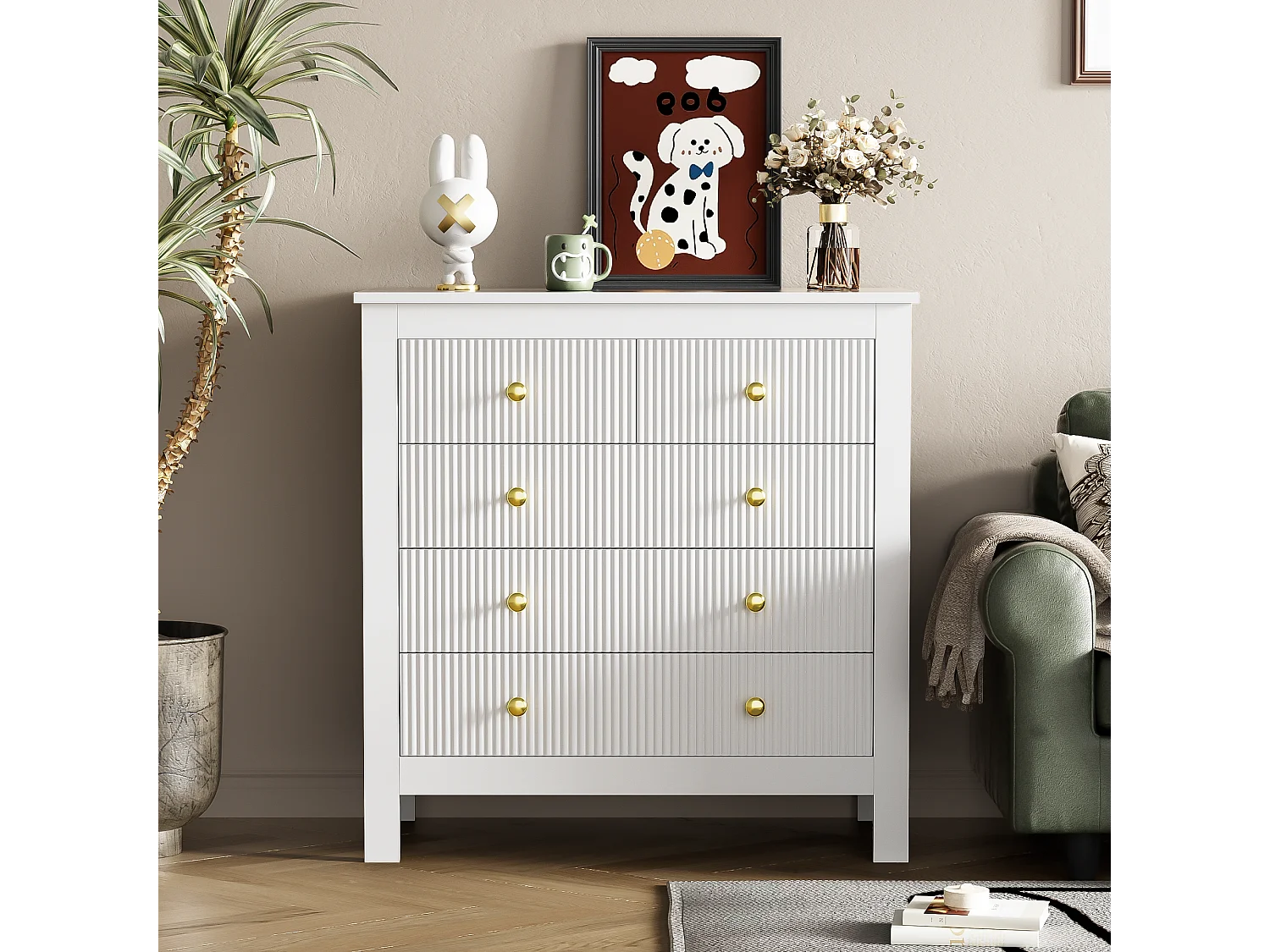 Aparador, cómoda con 5 cajones - Tiradores dorados - 79 x 38,5 x 80,5 cm - Tablero de partículas - Blanco