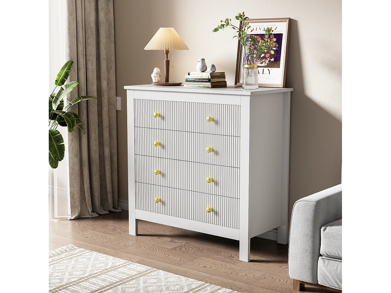 Aparador, cómoda con 5 cajones - Tiradores dorados - 79 x 38,5 x 80,5 cm - Tablero de partículas - Blanco