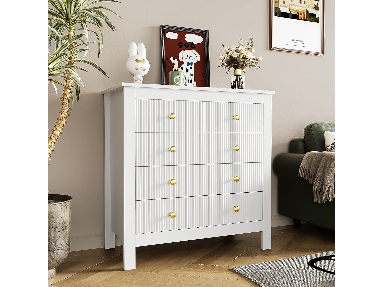 Aparador, cómoda con 5 cajones - Tiradores dorados - 79 x 38,5 x 80,5 cm - Tablero de partículas - Blanco