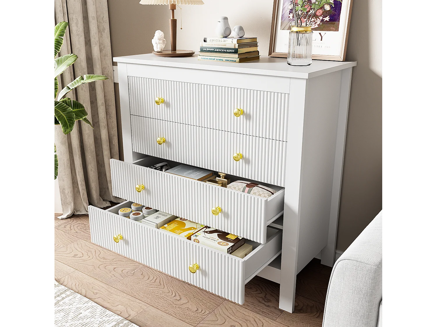 Aparador, cómoda con 5 cajones - Tiradores dorados - 79 x 38,5 x 80,5 cm - Tablero de partículas - Blanco