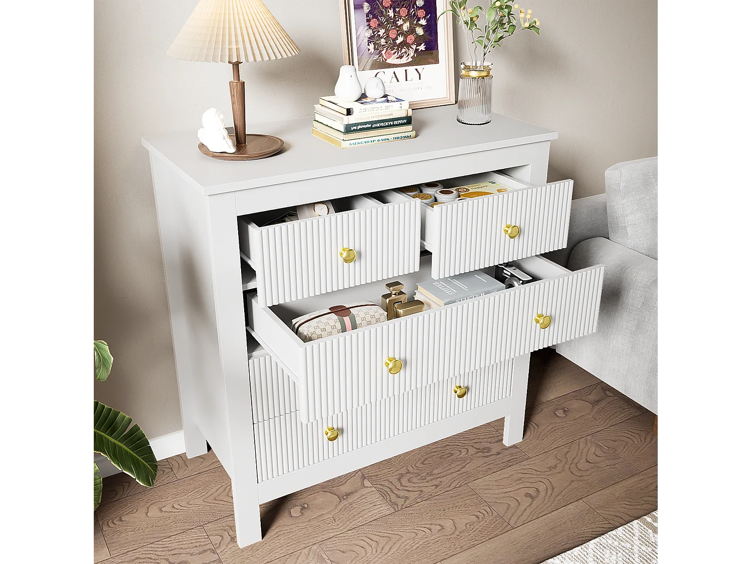 Aparador, cómoda con 5 cajones - Tiradores dorados - 79 x 38,5 x 80,5 cm - Tablero de partículas - Blanco