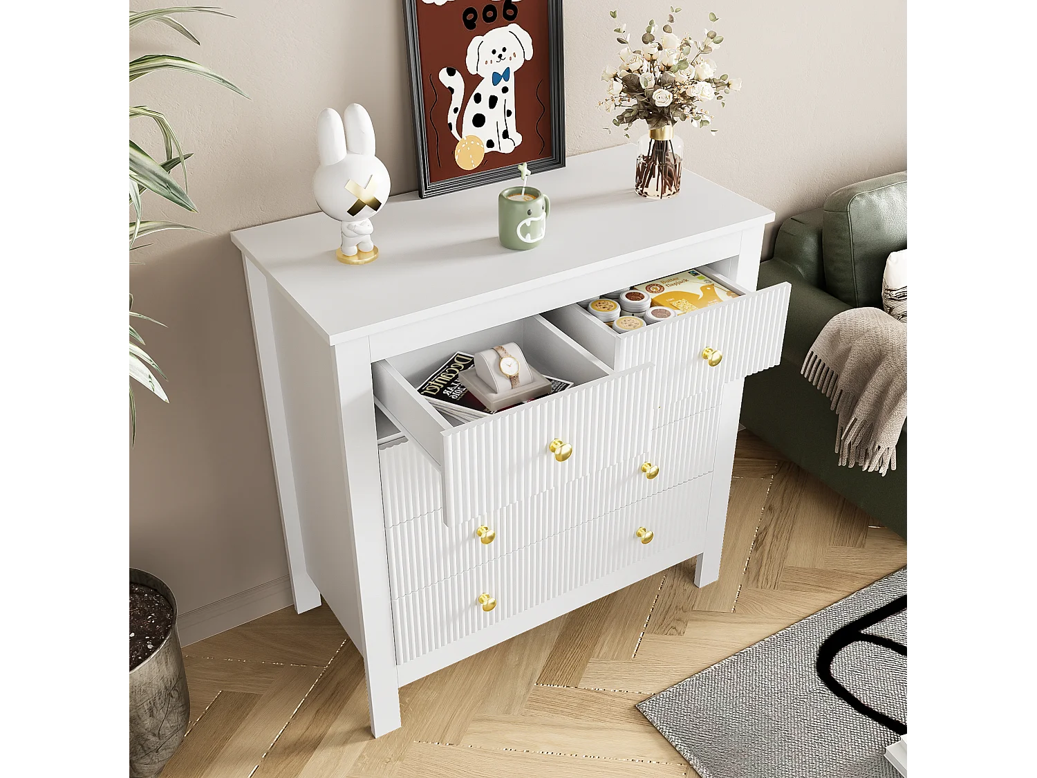 Aparador, cómoda con 5 cajones - Tiradores dorados - 79 x 38,5 x 80,5 cm - Tablero de partículas - Blanco