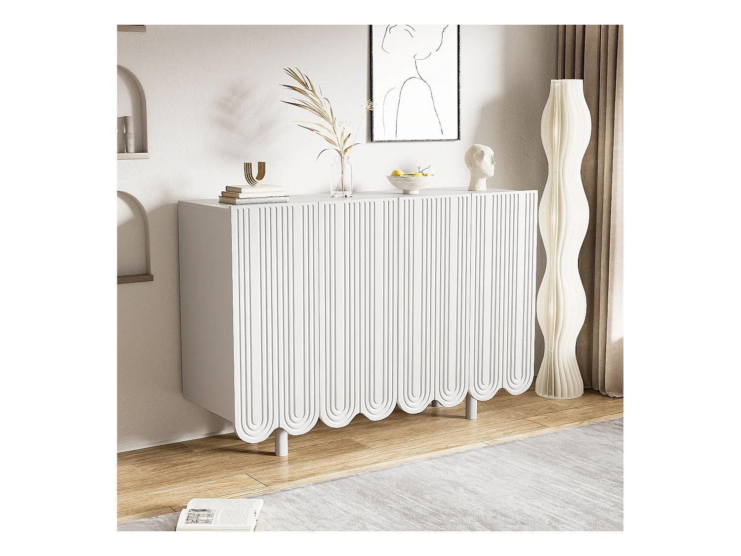 Buffet avec 4 portes profilées - 120 x 37.5 x 80.8 cm - Panneaux de particules - Forme de larme - Blanc