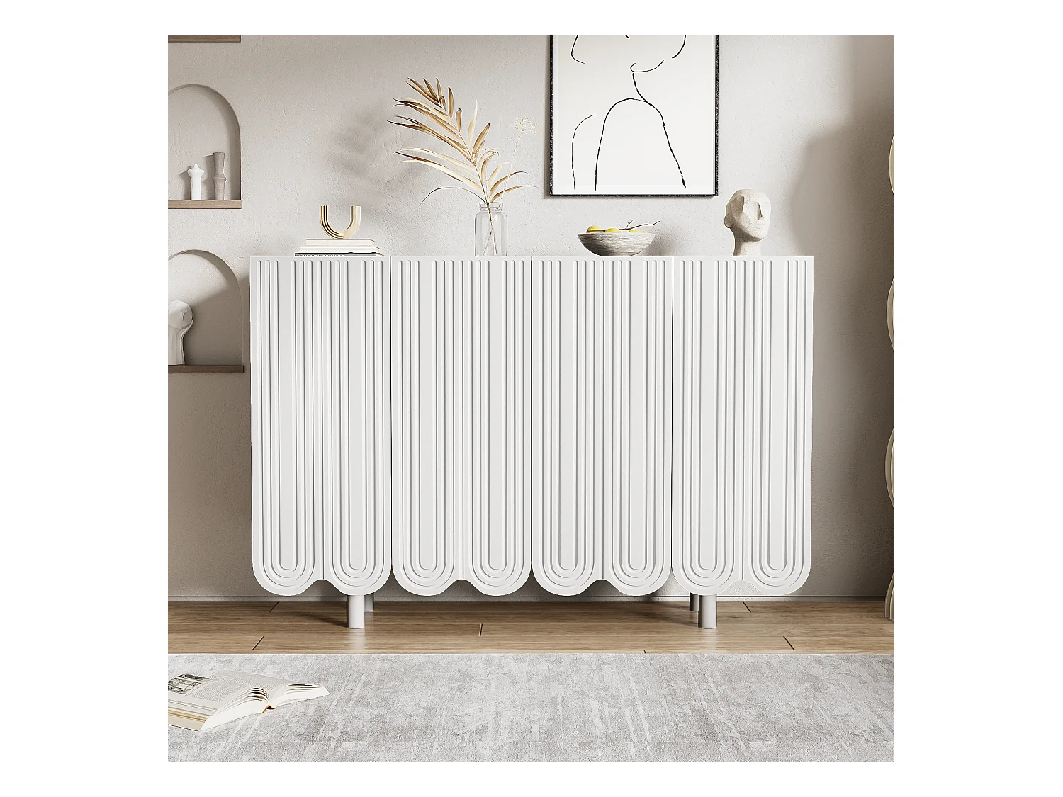 Sideboard mit 4 profilierten Türen – 120 x 37,5 x 80,8 cm – Spanplatte – Tropfenform – Weiß