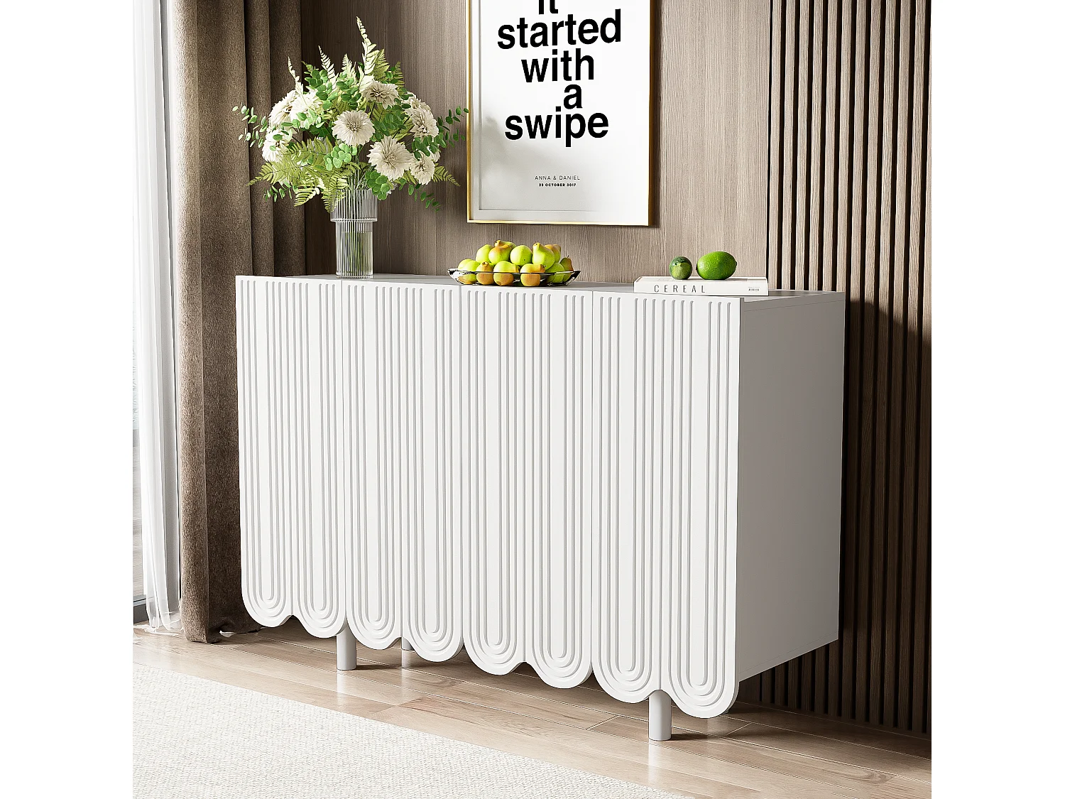 Credenza con 4 ante profilate - 120 x 37,5 x 80,8 cm - Truciolare - Forma a goccia - Bianco