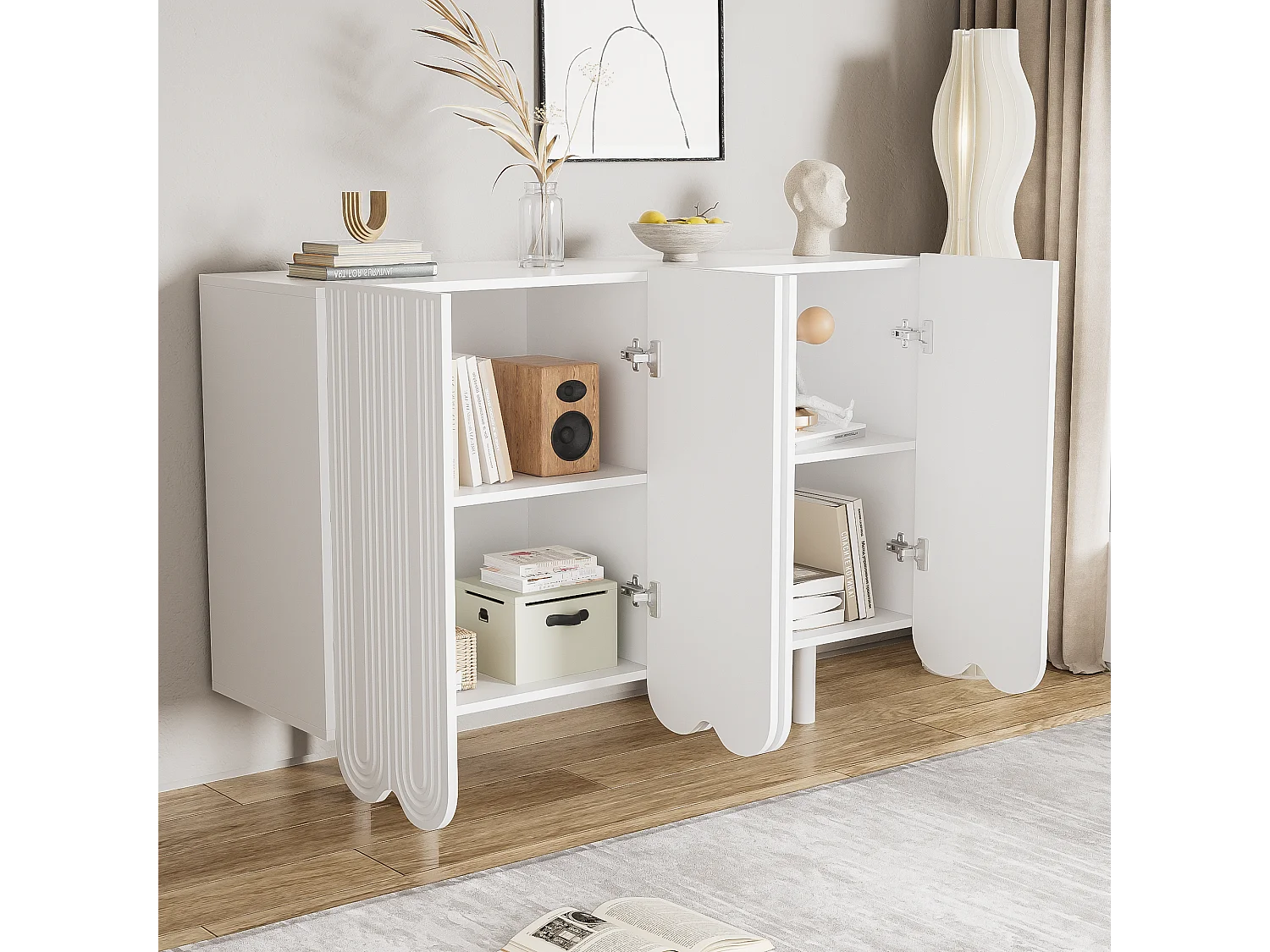 Dressoir met 4 geprofileerde deuren - 120 x 37,5 x 80,8 cm - Spaanplaat - Traanvorm - Wit