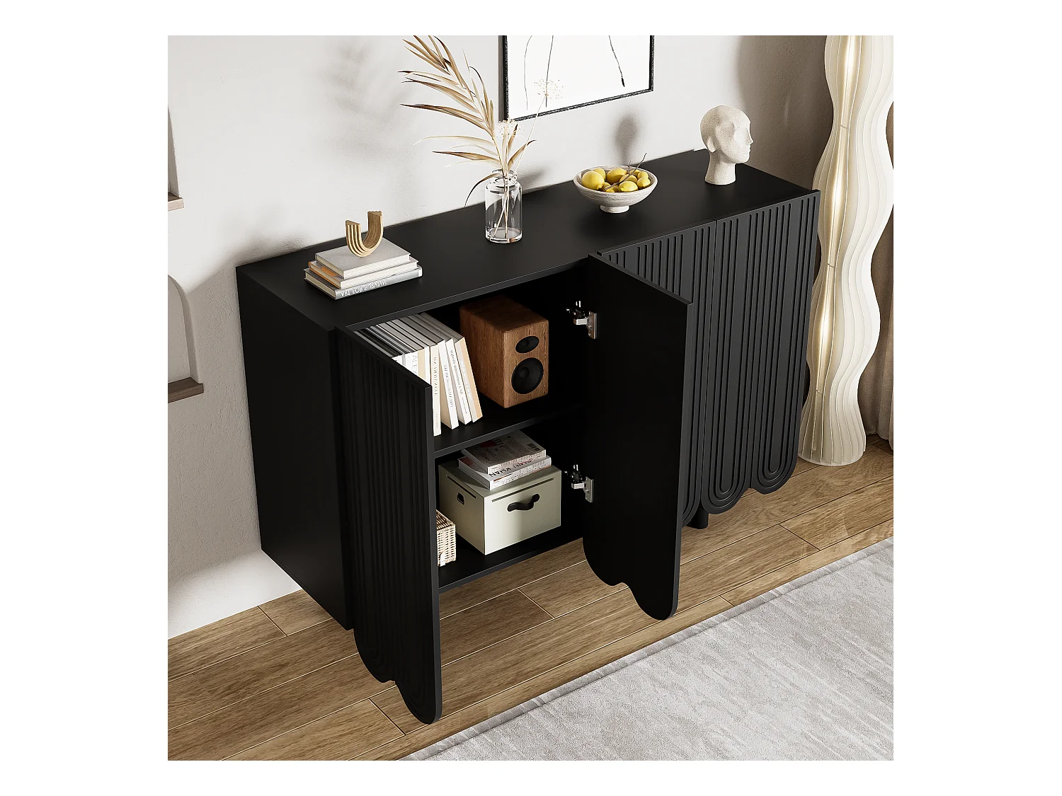 Sideboard mit 4 profilierten Türen – 120 x 37,5 x 80,8 cm – Spanplatte – Tropfenform – Schwarz