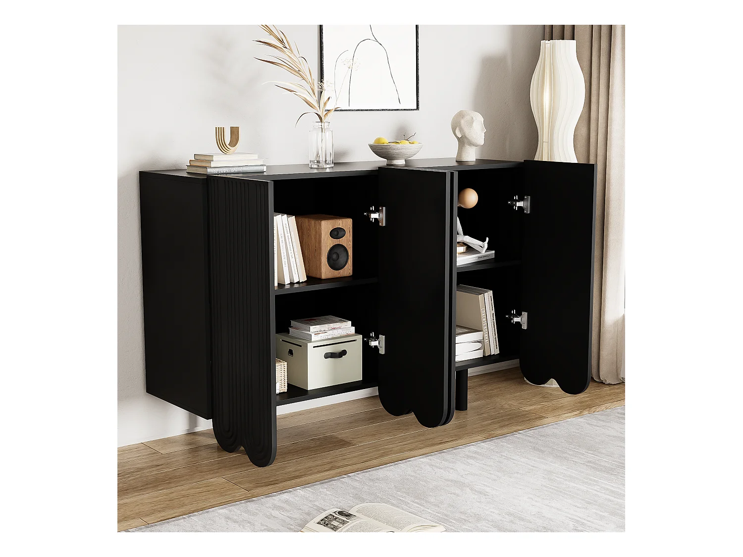 Sideboard mit 4 profilierten Türen – 120 x 37,5 x 80,8 cm – Spanplatte – Tropfenform – Schwarz