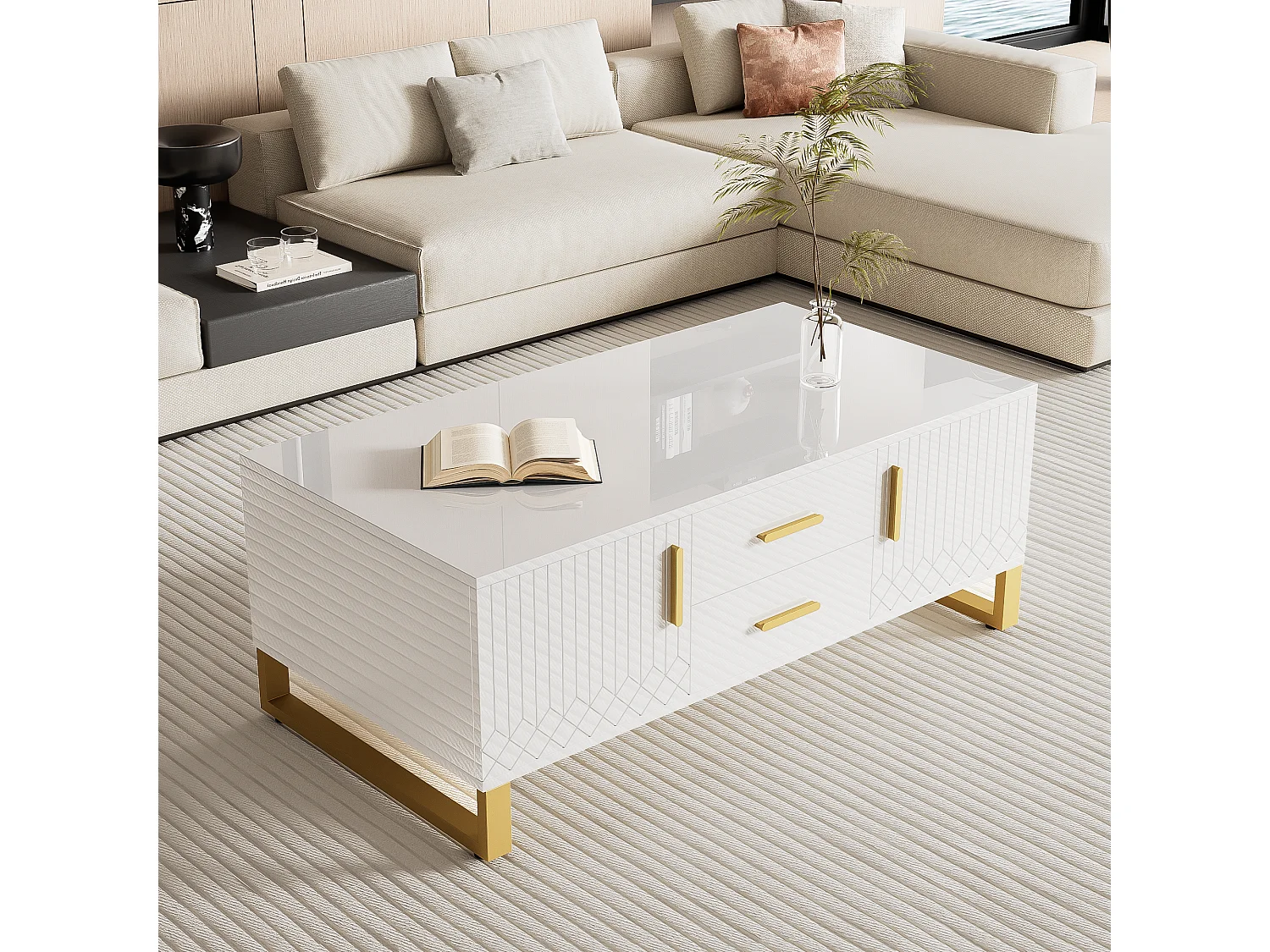 Hoogglans salontafel met 2 lades, 2 deuren en nis - 107 x 55 x 40,5 cm - Spaanplaat en goud metaal - Wit