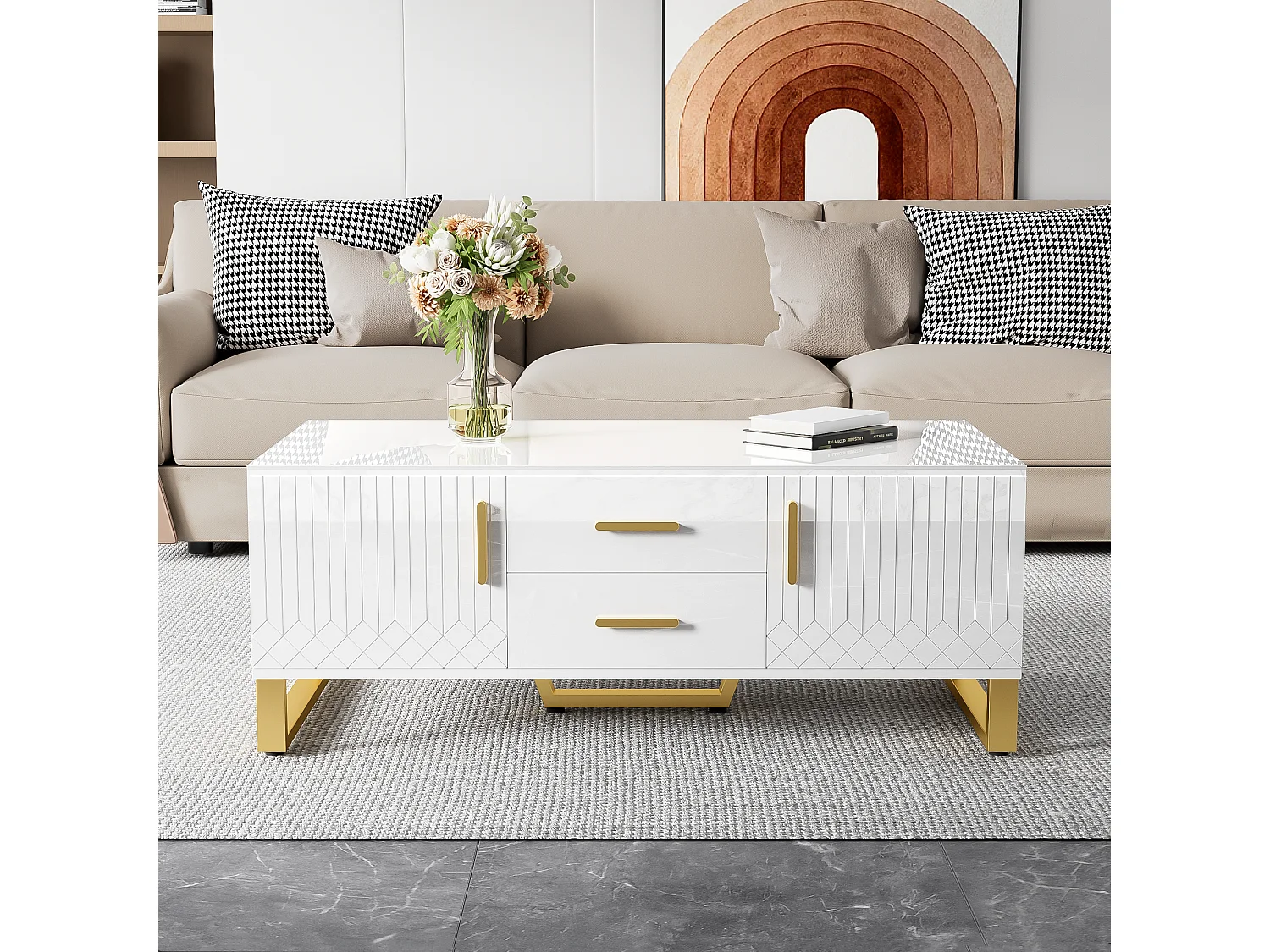 Hoogglans salontafel met 2 lades, 2 deuren en nis - 107 x 55 x 40,5 cm - Spaanplaat en goud metaal - Wit