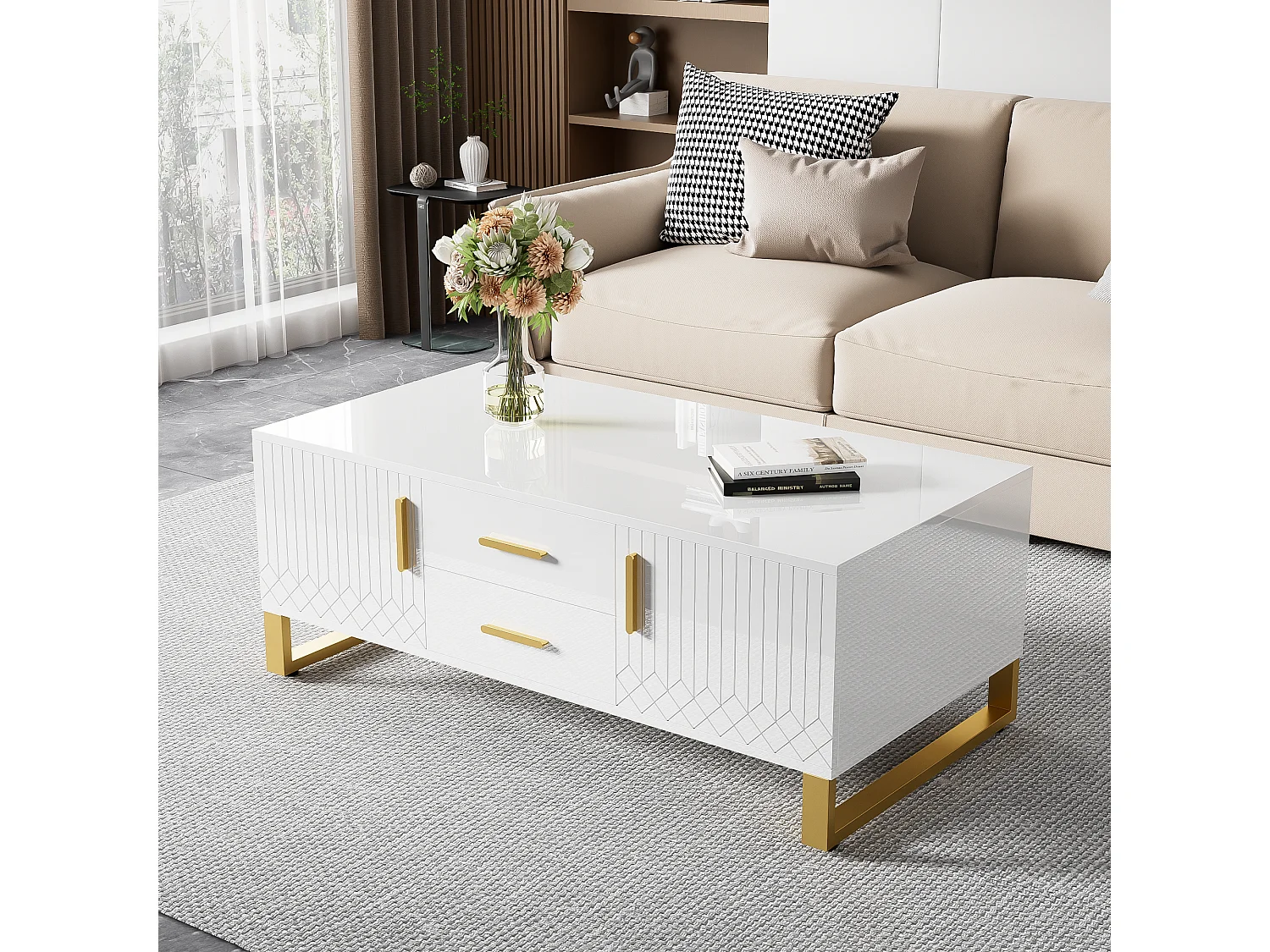 Hoogglans salontafel met 2 lades, 2 deuren en nis - 107 x 55 x 40,5 cm - Spaanplaat en goud metaal - Wit