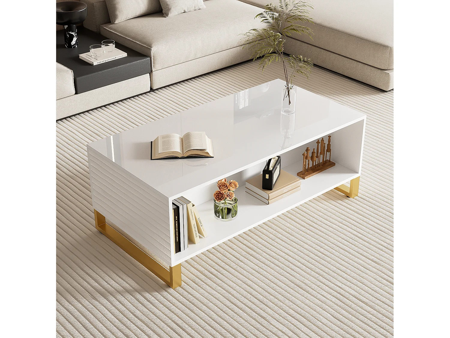Hoogglans salontafel met 2 lades, 2 deuren en nis - 107 x 55 x 40,5 cm - Spaanplaat en goud metaal - Wit