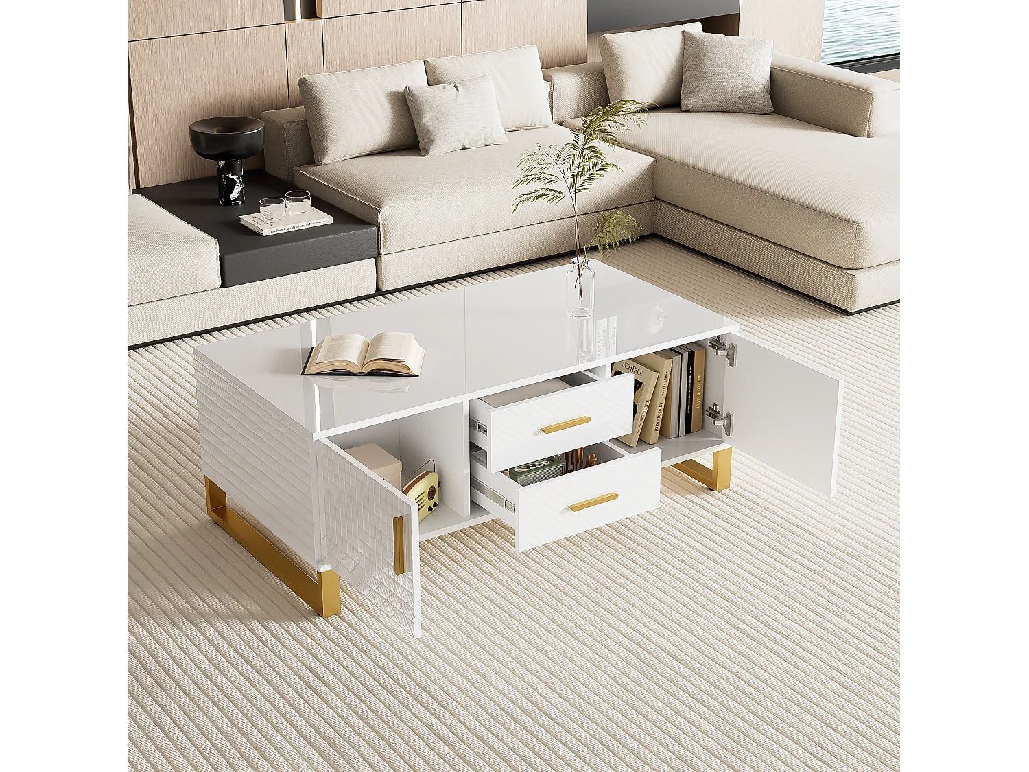 Hoogglans salontafel met 2 lades, 2 deuren en nis - 107 x 55 x 40,5 cm - Spaanplaat en goud metaal - Wit