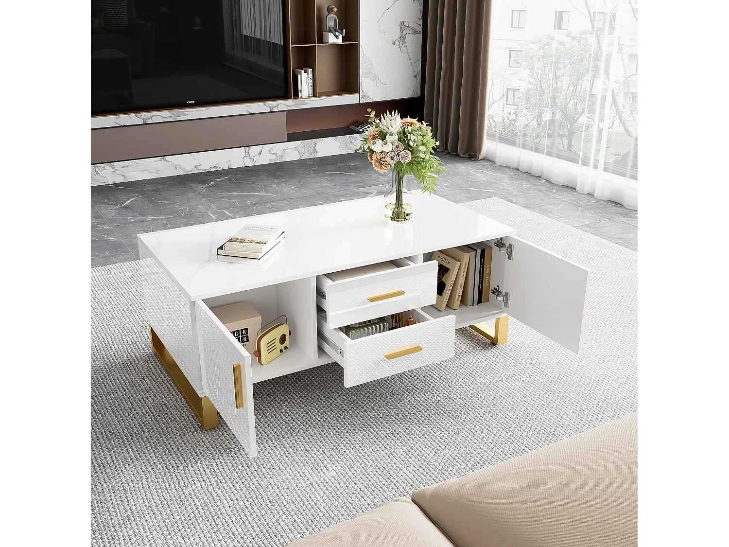 Hoogglans salontafel met 2 lades, 2 deuren en nis - 107 x 55 x 40,5 cm - Spaanplaat en goud metaal - Wit