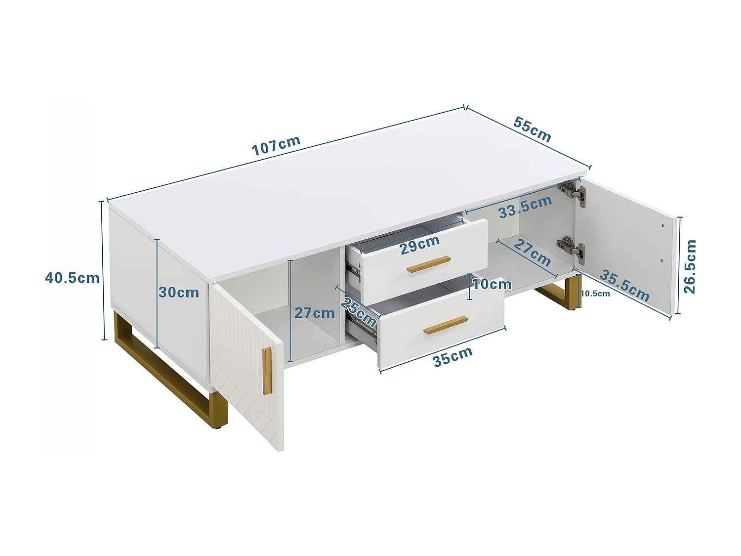 Hoogglans salontafel met 2 lades, 2 deuren en nis - 107 x 55 x 40,5 cm - Spaanplaat en goud metaal - Wit