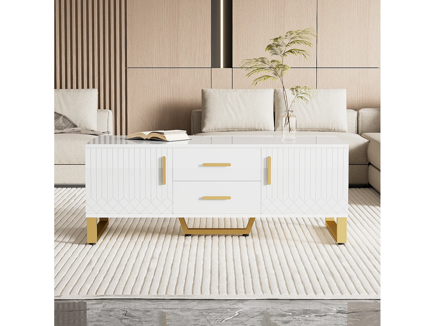 Hoogglans salontafel met 2 lades, 2 deuren en nis - 107 x 55 x 40,5 cm - Spaanplaat en goud metaal - Wit