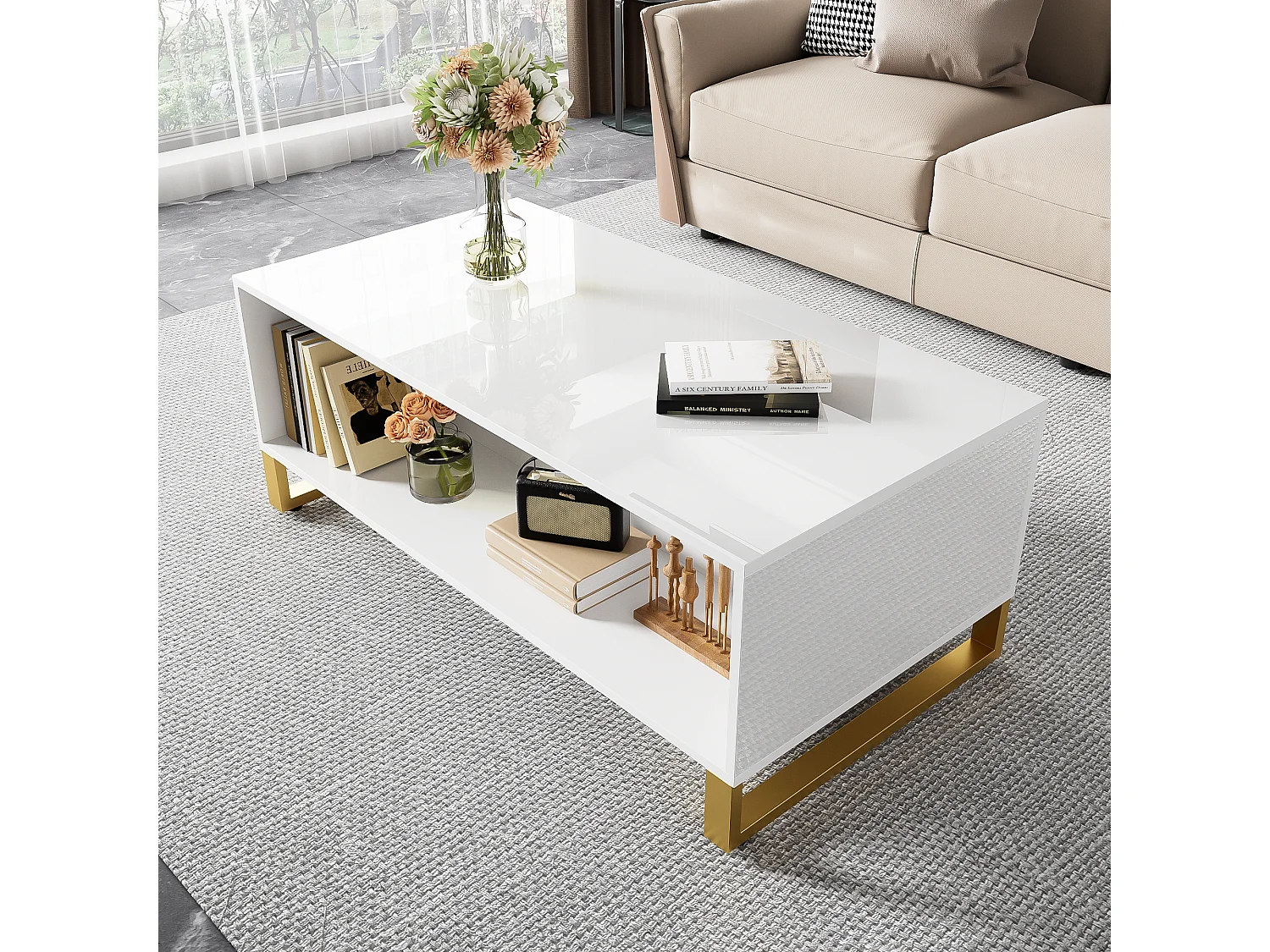 Hoogglans salontafel met 2 lades, 2 deuren en nis - 107 x 55 x 40,5 cm - Spaanplaat en goud metaal - Wit