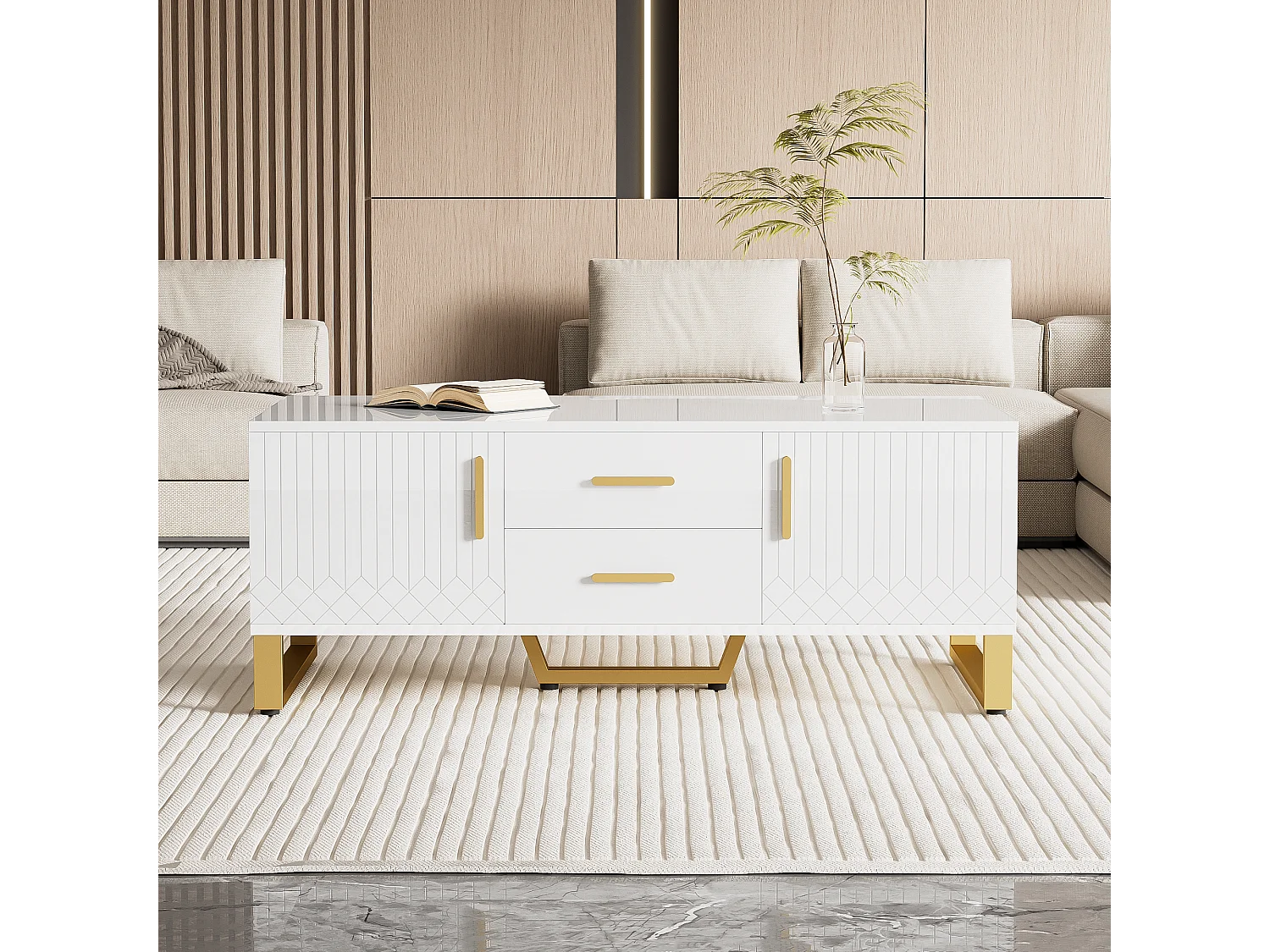 Hoogglans salontafel met 2 lades, 2 deuren en nis - 107 x 55 x 40,5 cm - Spaanplaat en goud metaal - Wit