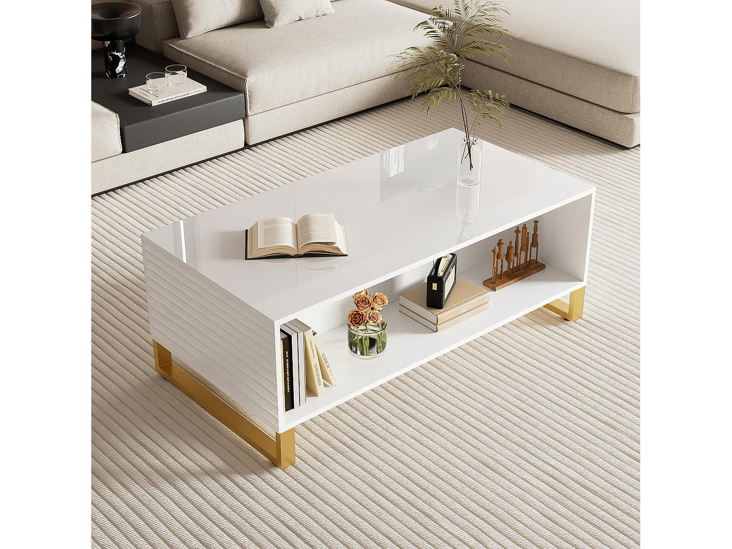 Hoogglans salontafel met 2 lades, 2 deuren en nis - 107 x 55 x 40,5 cm - Spaanplaat en goud metaal - Wit