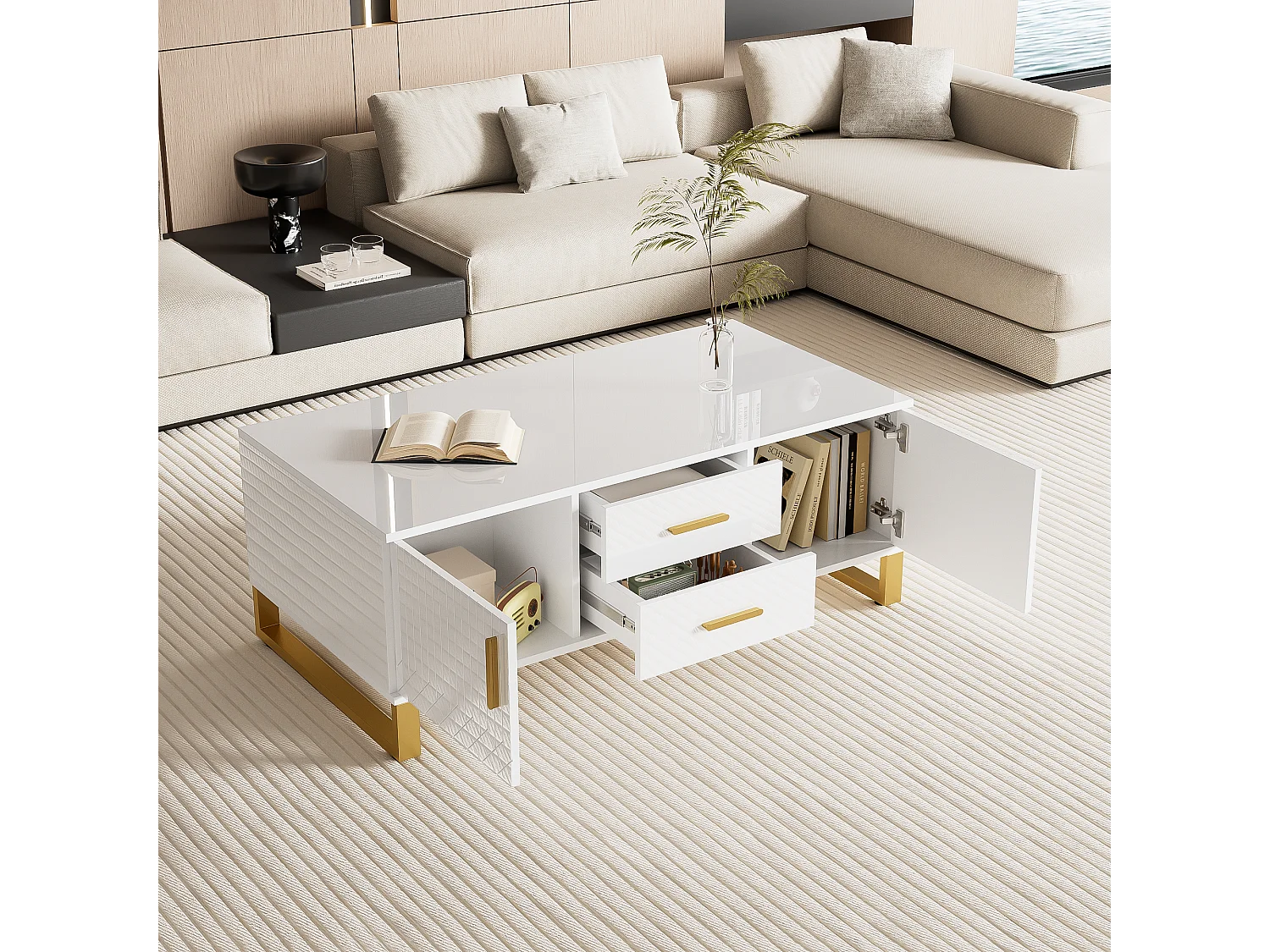 Hoogglans salontafel met 2 lades, 2 deuren en nis - 107 x 55 x 40,5 cm - Spaanplaat en goud metaal - Wit