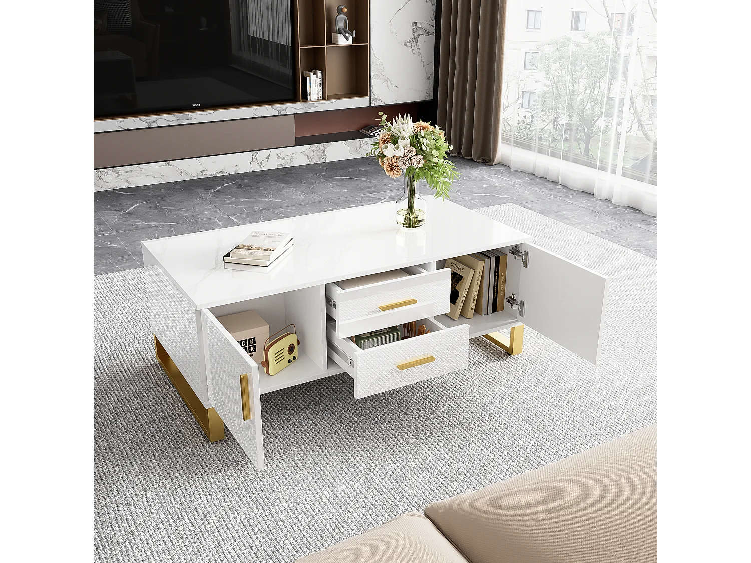 Hoogglans salontafel met 2 lades, 2 deuren en nis - 107 x 55 x 40,5 cm - Spaanplaat en goud metaal - Wit