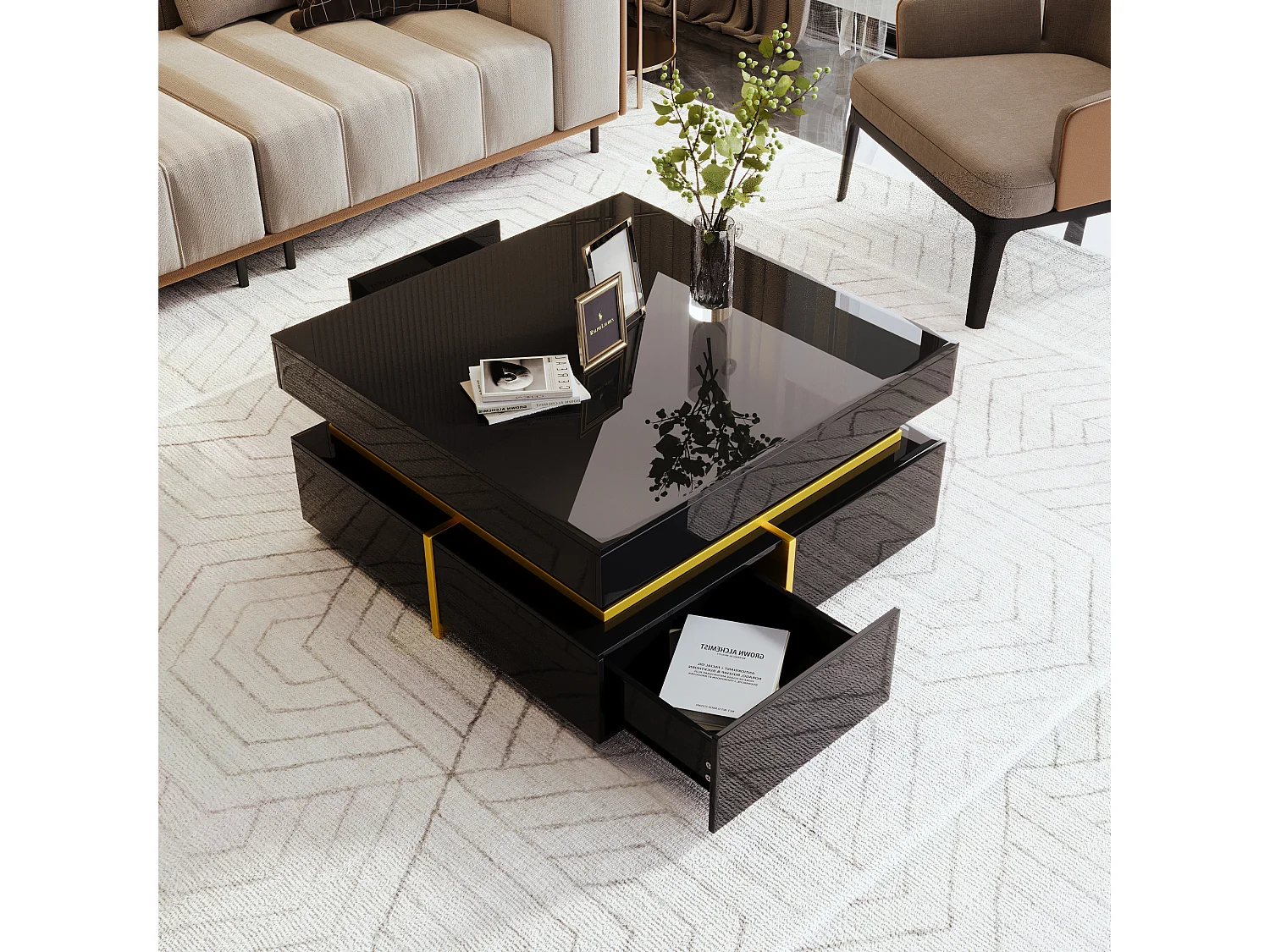 Mesa de centro cuadrada de alto brillo con 2 cajones - Tablero de partículas - Color negro