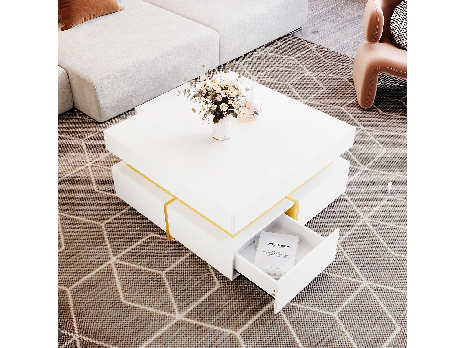 Mesa de centro quadrada alto brilho com 2 gavetas - Aglomerado - Cor branca