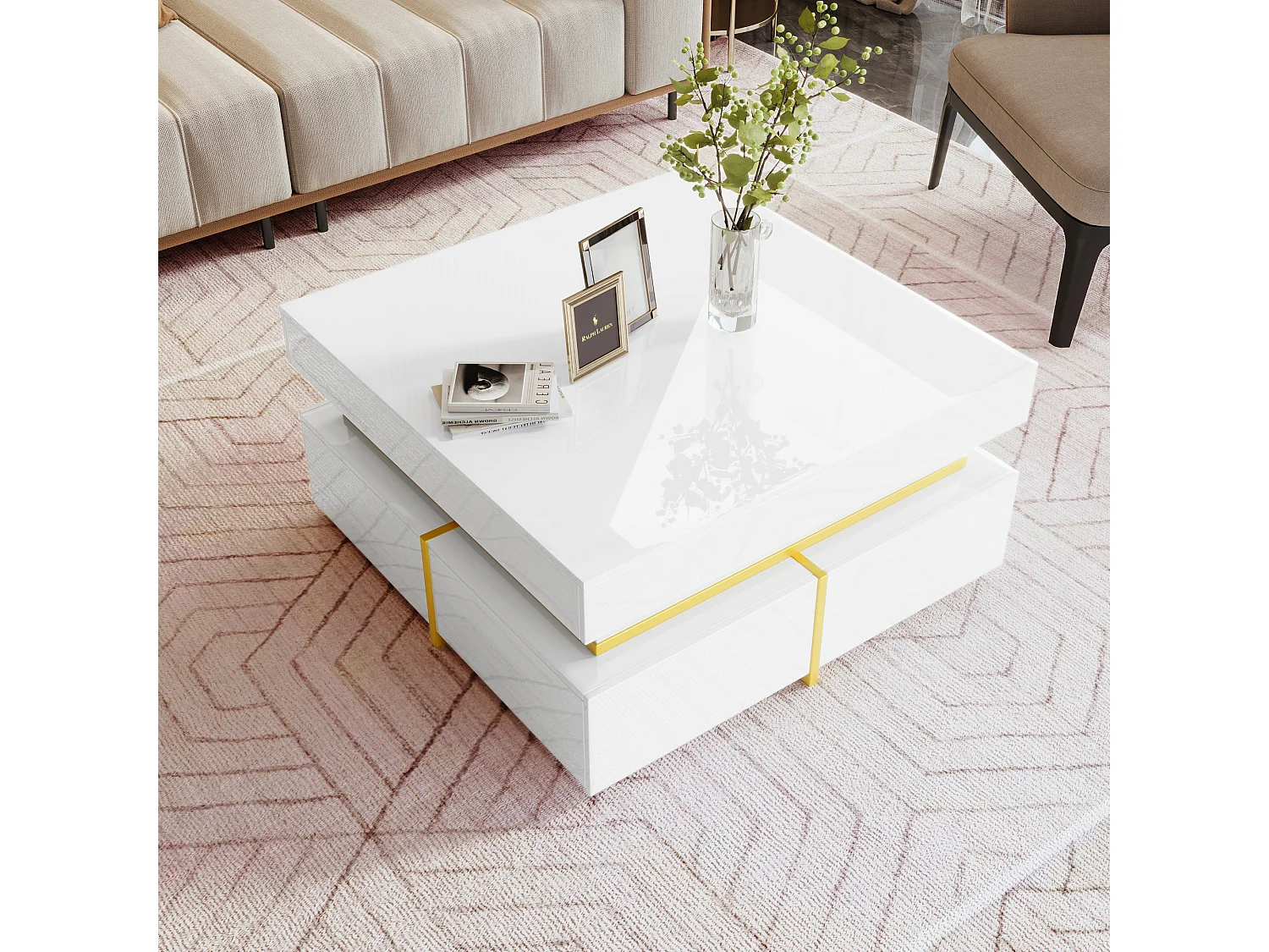 Hochglänzender quadratischer Couchtisch mit 2 Schubladen – Spanplatte – Farbe Weiß