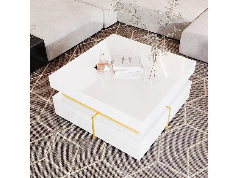 Table basse carrée à haute brillance avec 2 tiroirs - Panneaux de particules - Coloris blanc