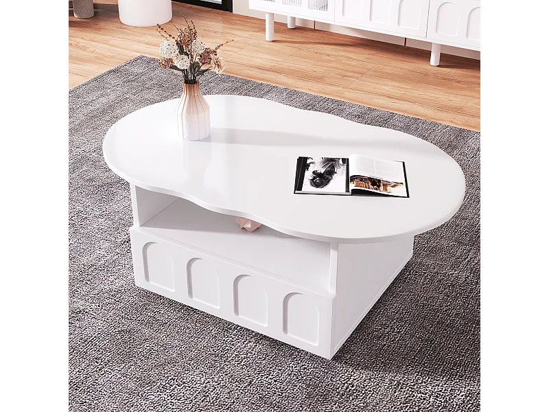 Mesa de centro con cajón y compartimento - 100 x 60 x 39,2 cm - Tablero de partículas - Forma nube - Color blanco