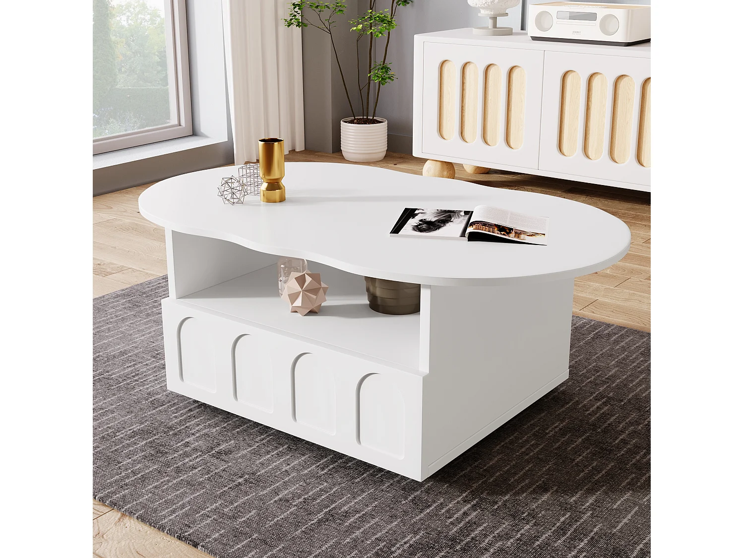 Table basse avec avec tiroir et compartiment - 100 x 60 x 39.2 cm - Panneaux de particules - Forme de nuage - Coloris blanc