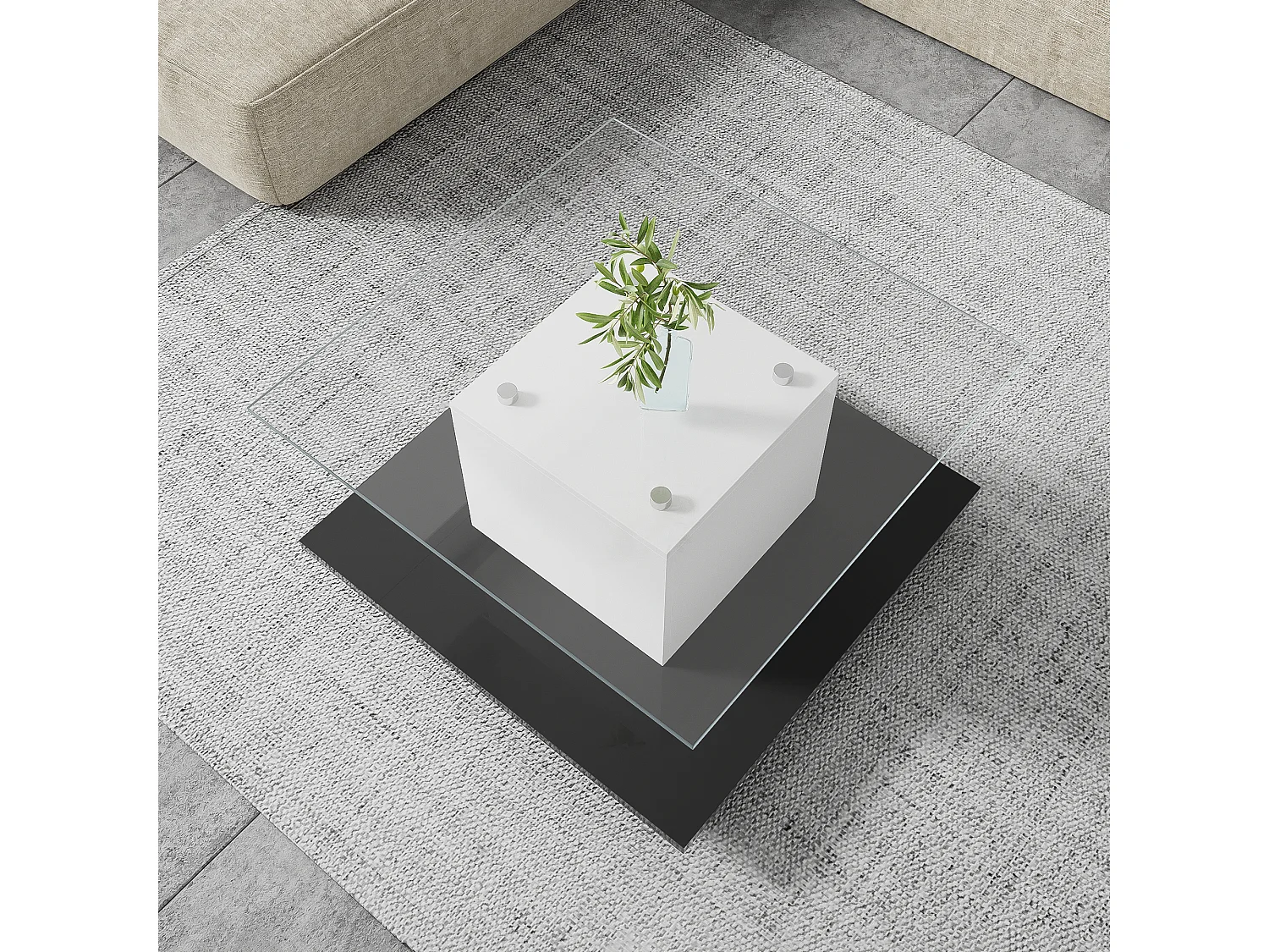 Tavolino mobile con ruote piroettanti - 80 x 80 x 40 cm - Vetro e pannelli truciolari - LED - Bianco e nero