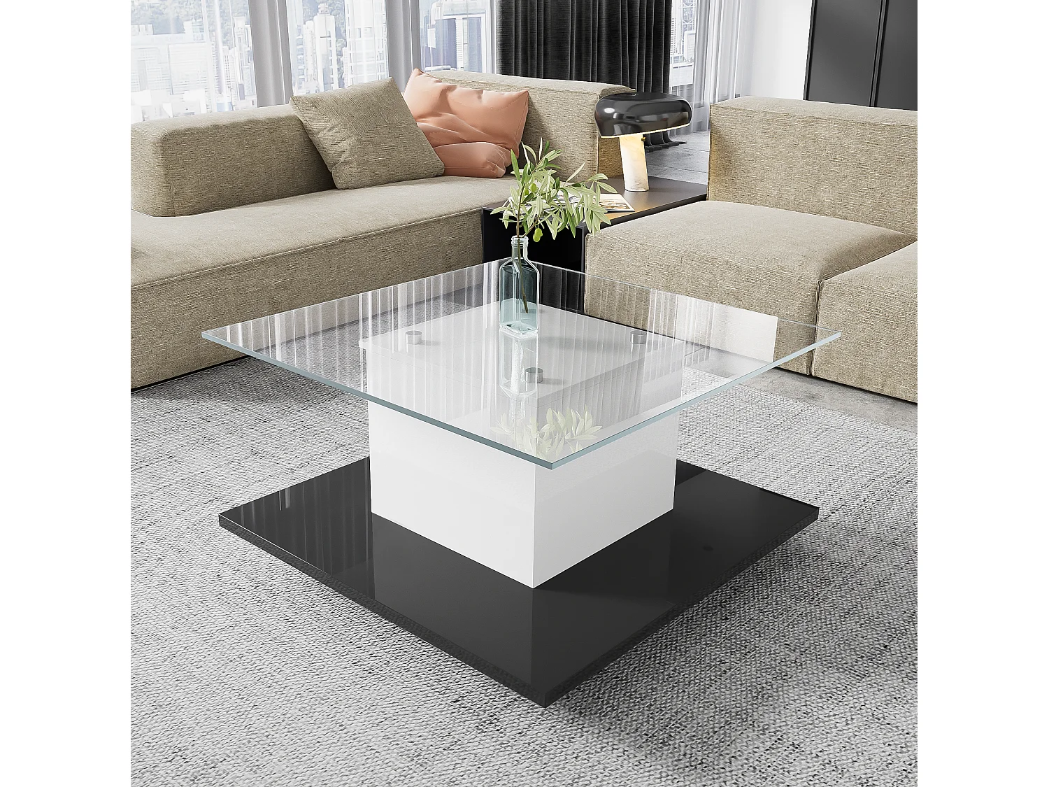 Tavolino mobile con ruote piroettanti - 80 x 80 x 40 cm - Vetro e pannelli truciolari - LED - Bianco e nero