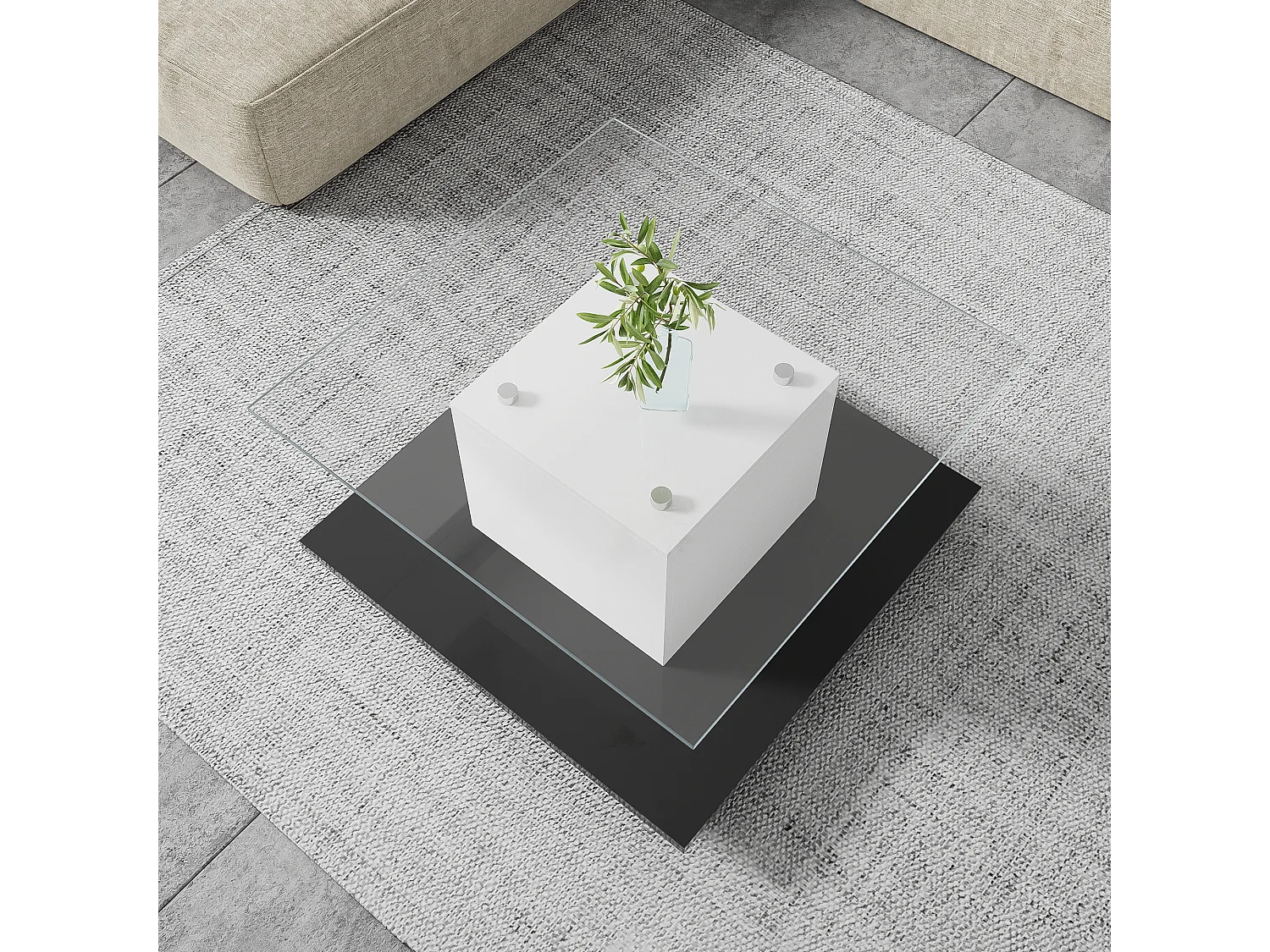 Table basse mobile avec roulettes pivotantes - 80 x 80 x 40 cm - Verre et panneaux de particules - LEDs - Blanc et noir