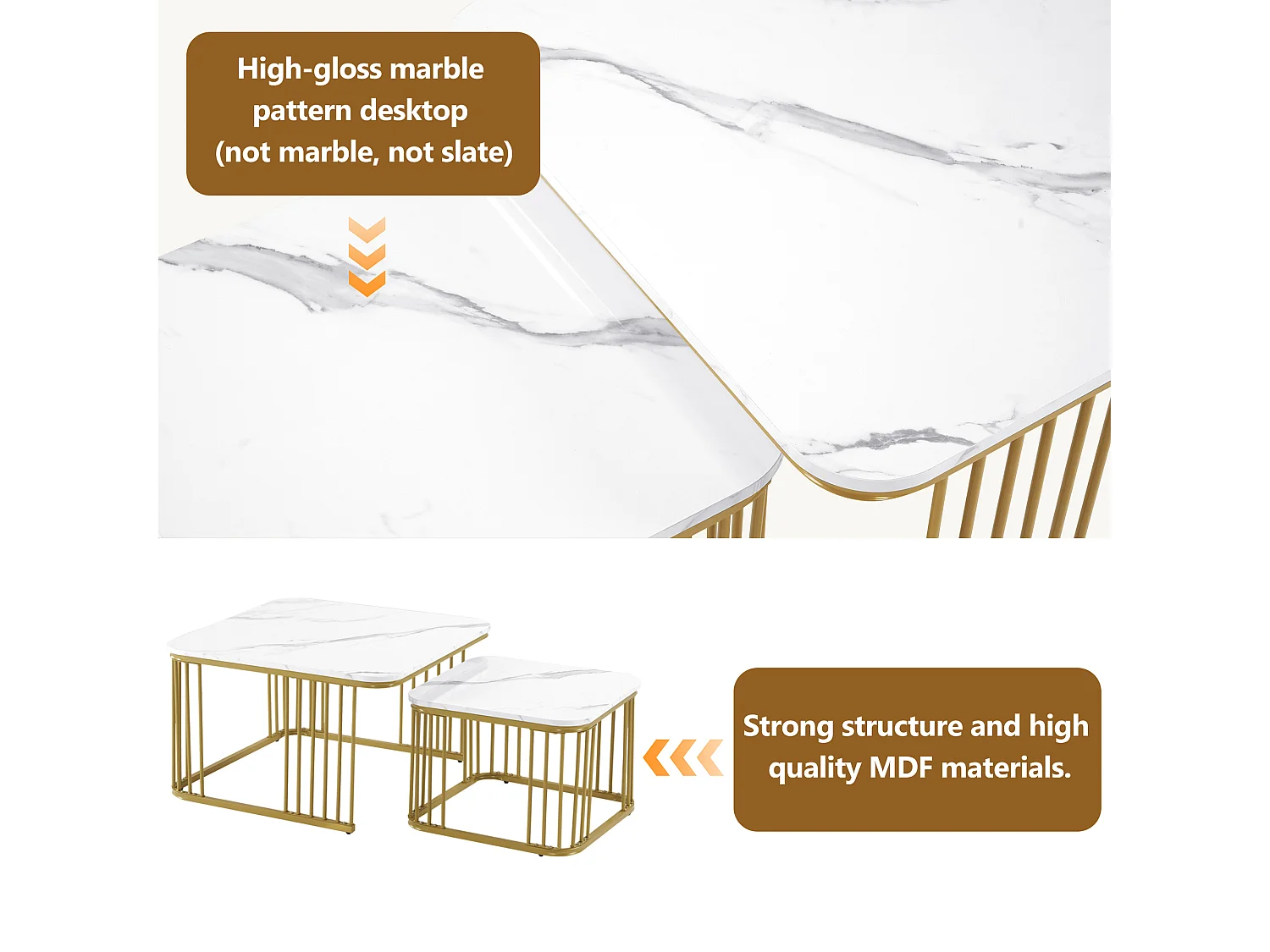 Set di 2 tavolini quadrati con aspetto marmo lucido - 70x70x45 cm e 50x50x36,5 cm - Legno MDF - Bianco