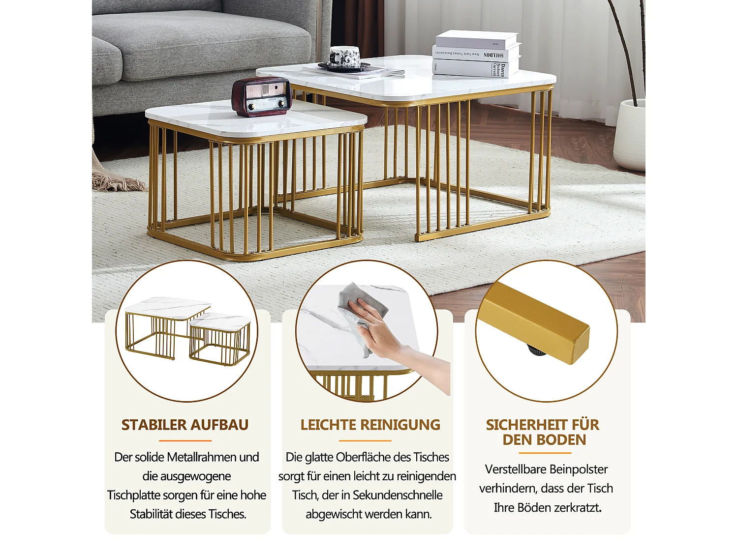 Set di 2 tavolini quadrati con aspetto marmo lucido - 70x70x45 cm e 50x50x36,5 cm - Legno MDF - Bianco