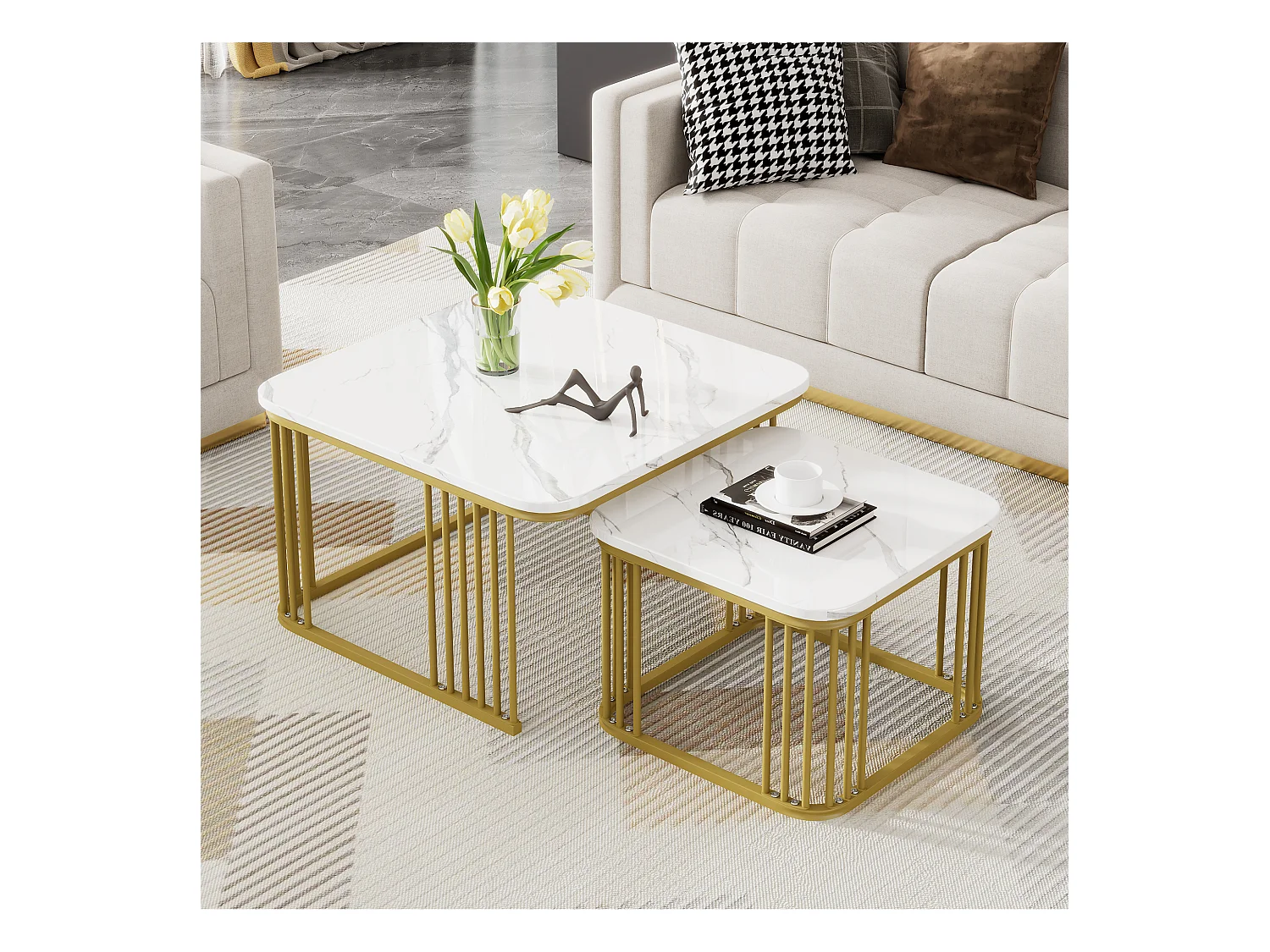 Lot de 2 tables basses carrées aspect marbre brillant - 70x70x45cm et 50x50x36,5cm - Bois MDF - Blanc