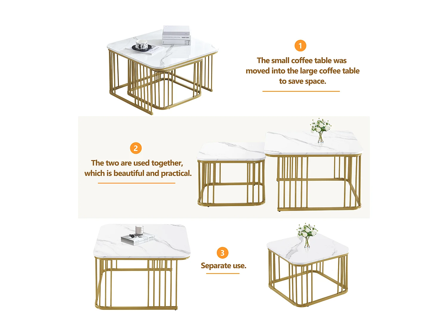 Set van 2 vierkante salontafels met glanzende marmerlook - 70x70x45cm en 50x50x36,5cm - MDF hout - Wit