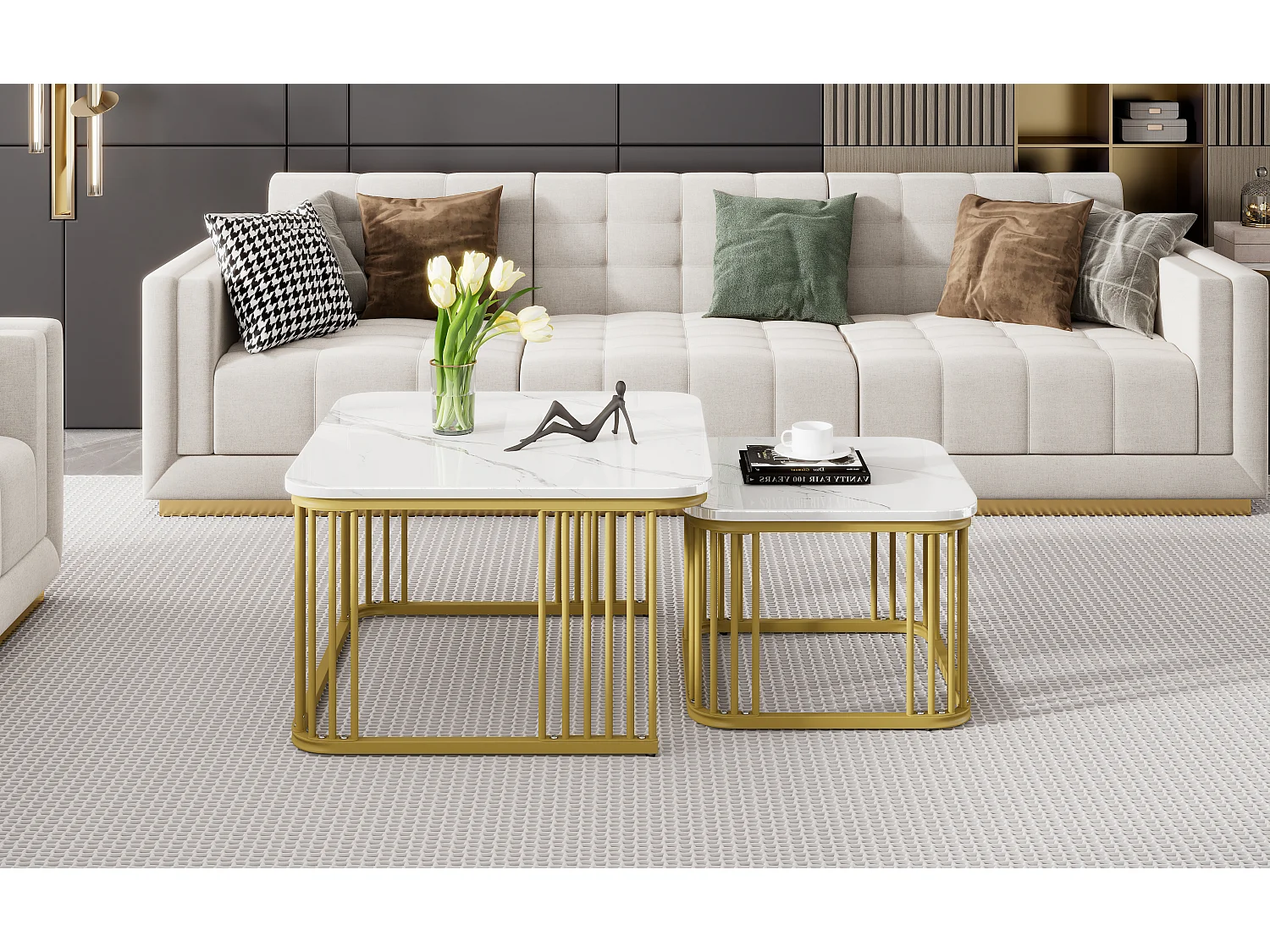 Set van 2 vierkante salontafels met glanzende marmerlook - 70x70x45cm en 50x50x36,5cm - MDF hout - Wit