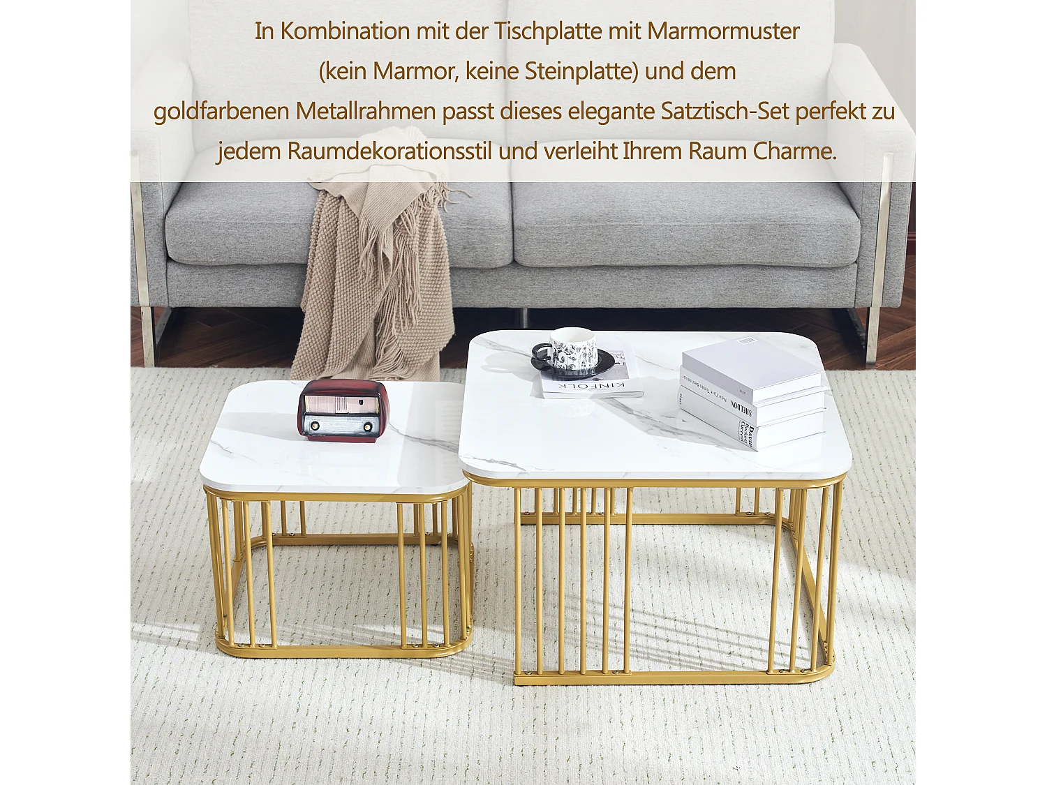 Set van 2 vierkante salontafels met glanzende marmerlook - 70x70x45cm en 50x50x36,5cm - MDF hout - Wit