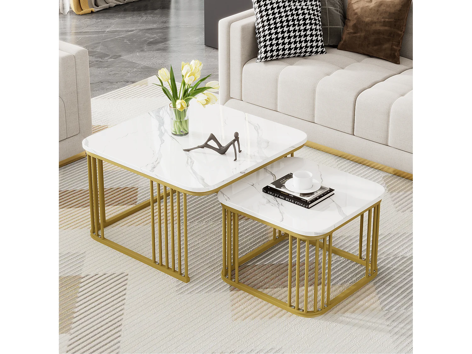 Lot de 2 tables basses carrées aspect marbre brillant - 70x70x45cm et 50x50x36,5cm - Bois MDF - Blanc