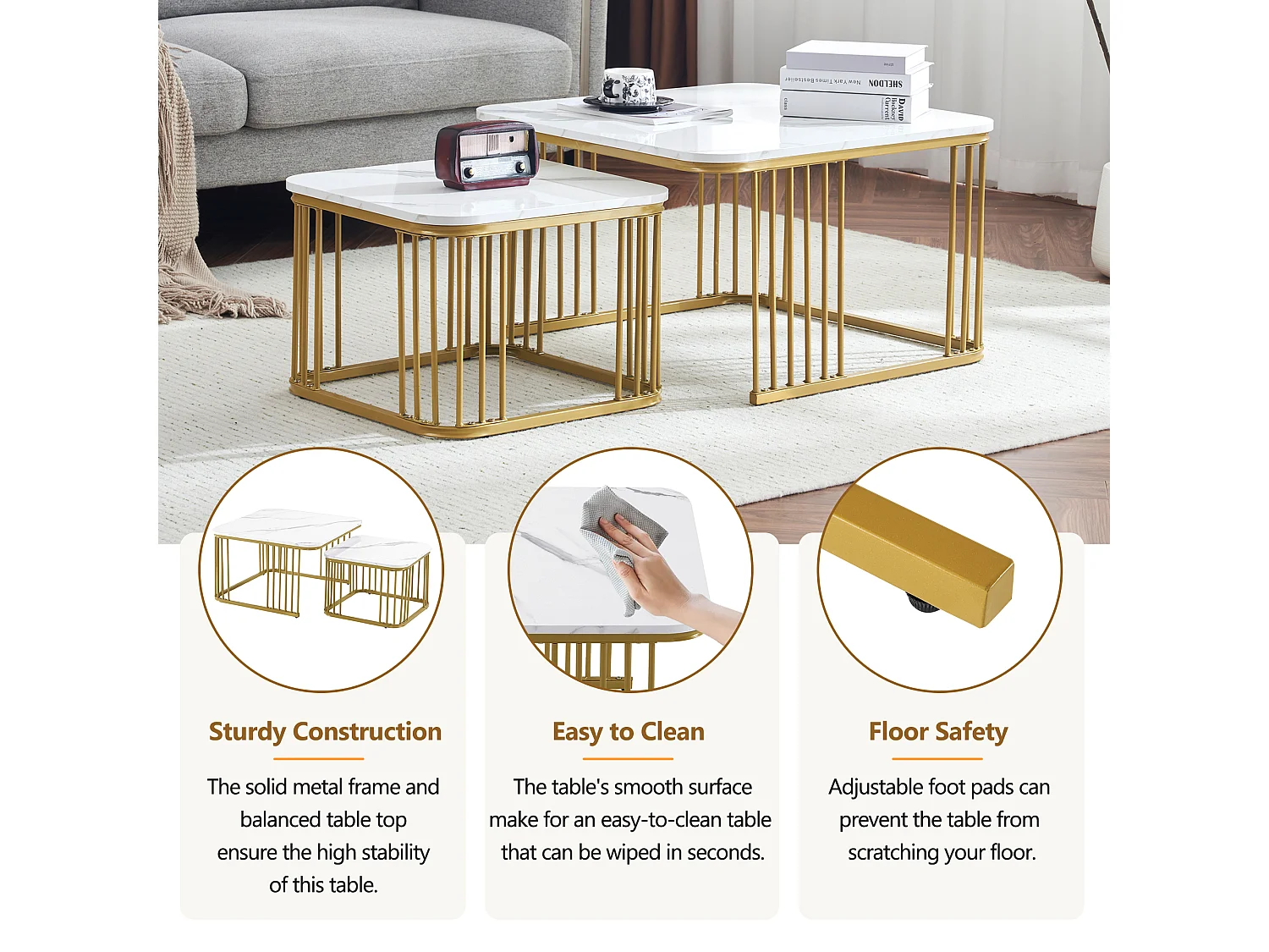 Lot de 2 tables basses carrées aspect marbre brillant - 70x70x45cm et 50x50x36,5cm - Bois MDF - Blanc