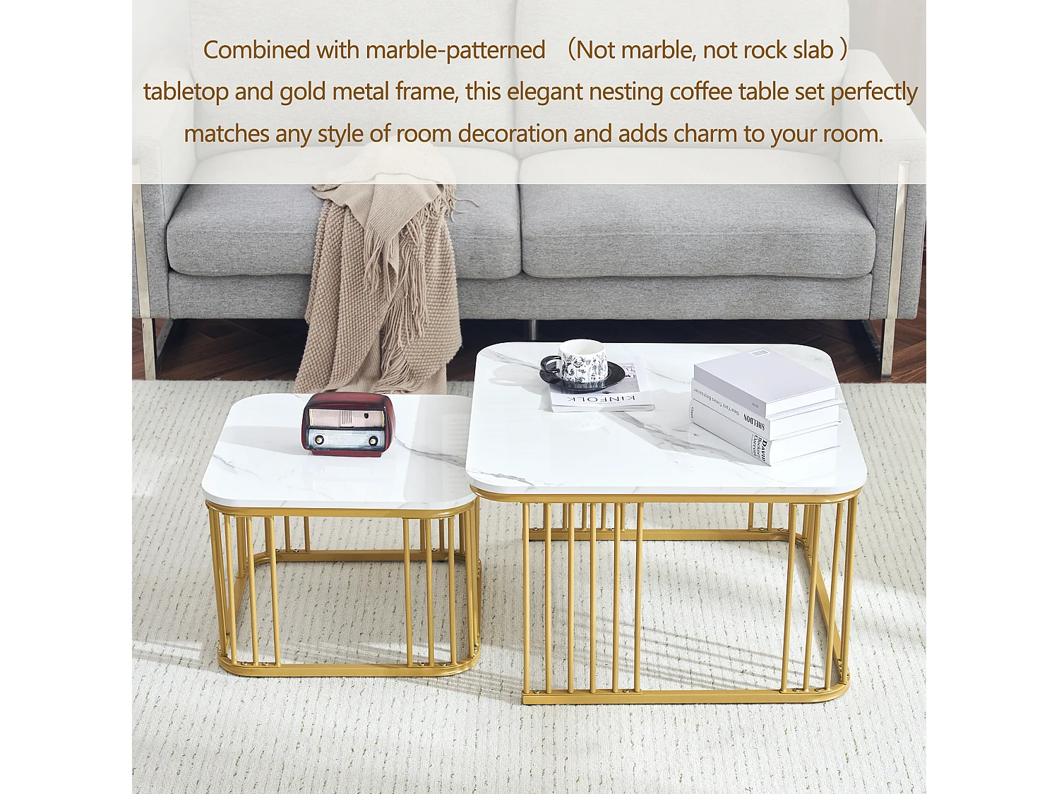 Lot de 2 tables basses carrées aspect marbre brillant - 70x70x45cm et 50x50x36,5cm - Bois MDF - Blanc